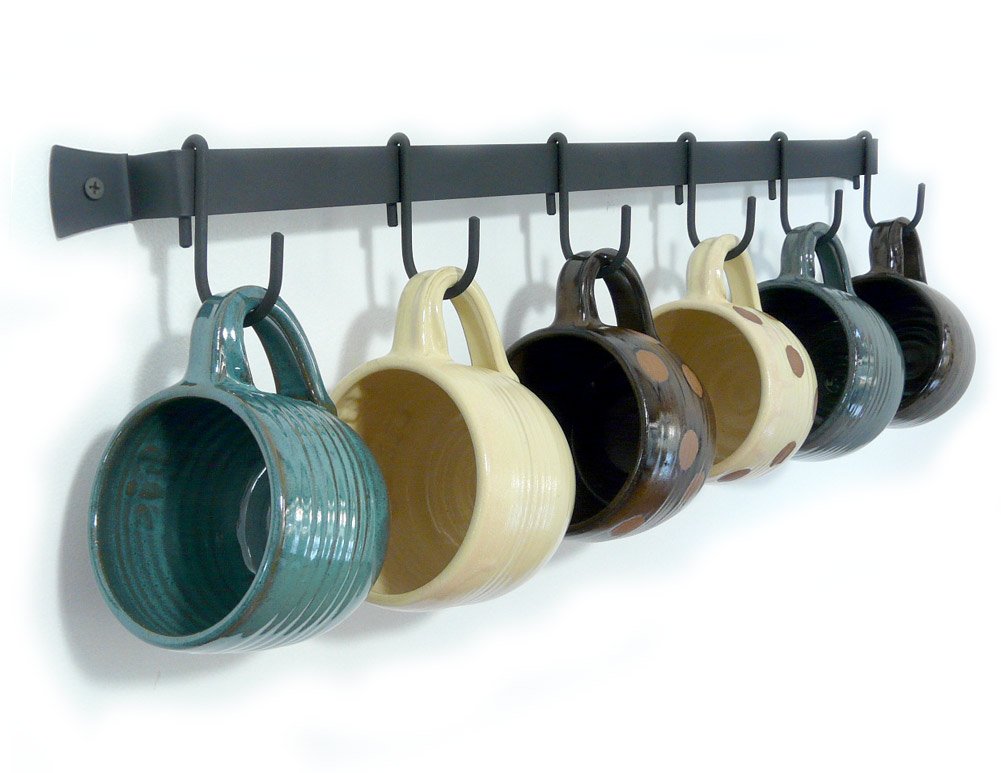 Wall-Mounted Wrought Iron Mug Rack 24 Inch with 6 Cup Hooks - Handcrafted in USA - Perfect for Kitchen, Coffee Bar & Home Organization