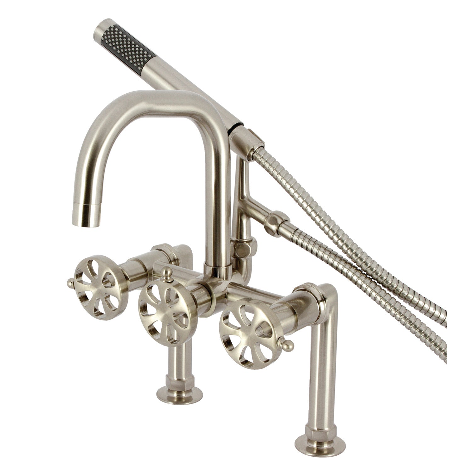 Belknap AE8408RX 3-Handle 2-Hole Deck Mount Clawfoot Bathtub Faucet with Hand Shower in Brushed Nickel - Vintage Style Bathroom Fixture for Classic & Modern Homes