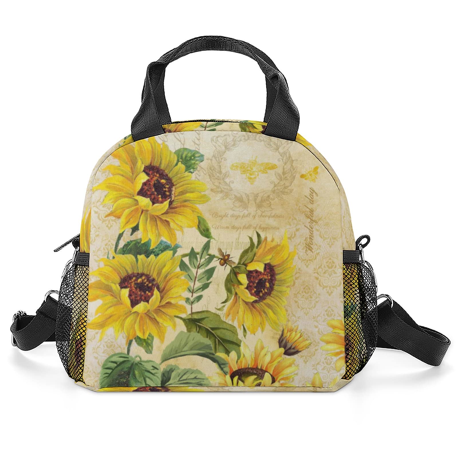 Vintage Sunflower Lunch Box - Large Insulated Reusable Lunch Bag for Women, Men & Kids - Side Pocket & Adjustable Shoulder Strap - Perfect for School, Work, Picnics & Outdoor Activities