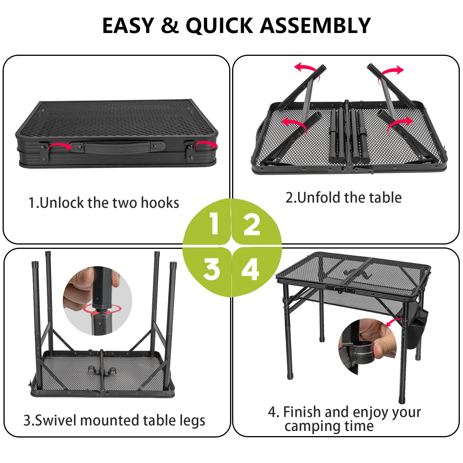 Portable Folding Grill Table - 2X1.3 FT Adjustable Height Outdoor Cooking Table with Mesh Top | Perfect for Camping, Picnics, BBQ, Beach & Backyard Gatherings | Durable & Compact Design for Easy Transport & Storage
