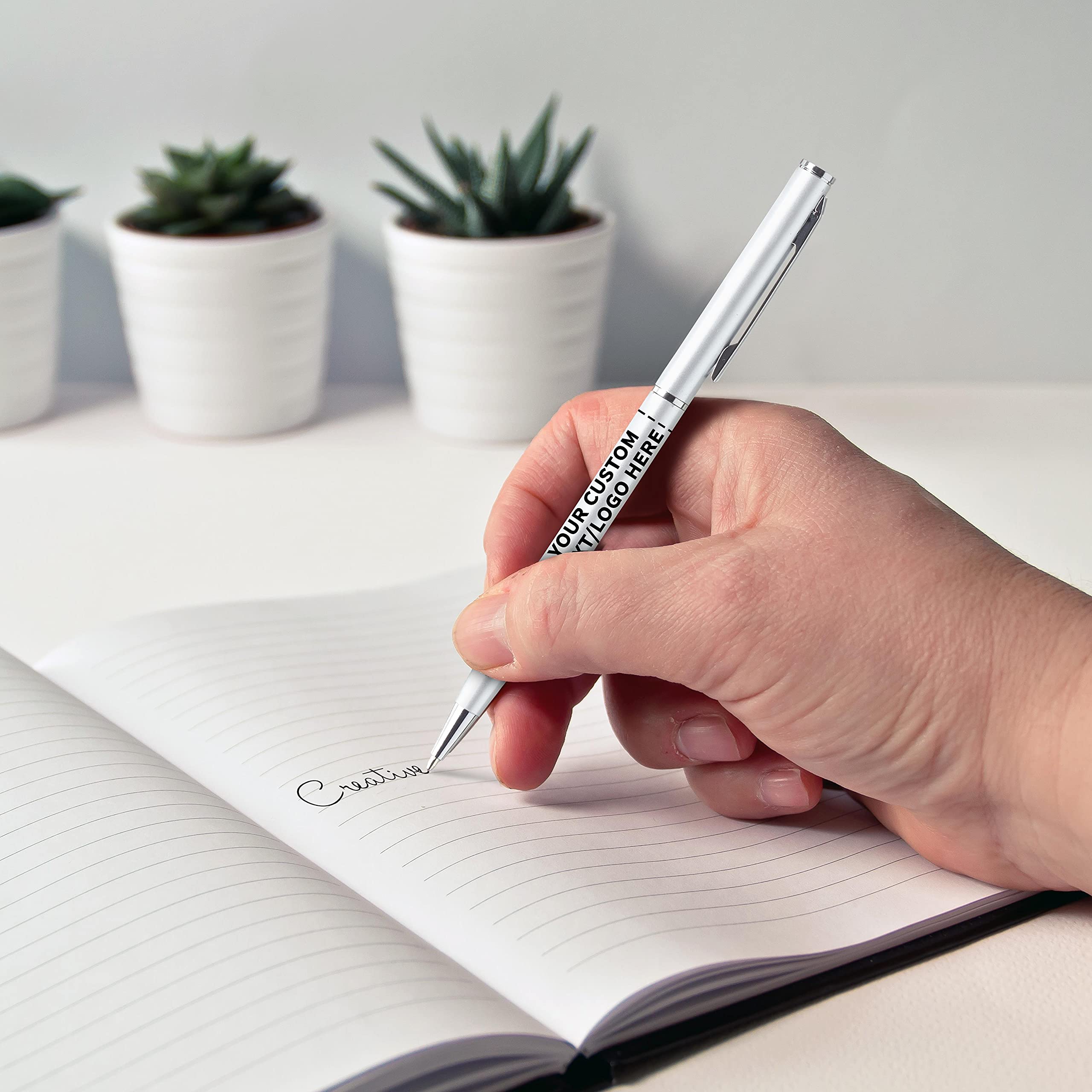 100 Pack Customizable Skinny Ballpoint Metal Pens - Personalized Text & Logo - Sleek Twist-Off Design with Black Ink - Silver Office & School Writing Supplies for Business Gifts & Promotional Giveaways