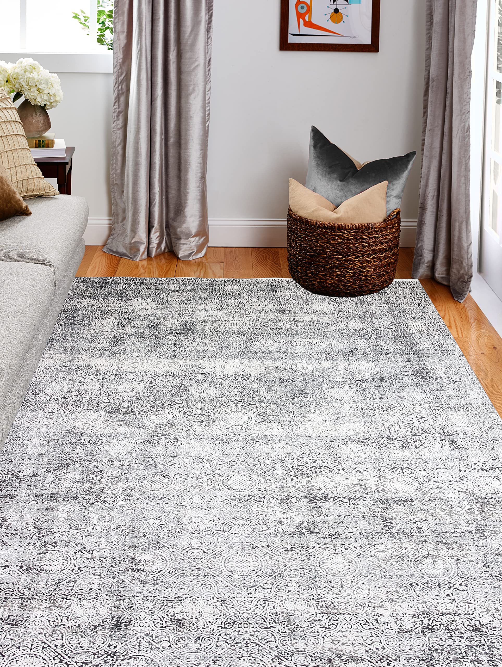 Bashian Collection 4’ x 6’ Grey Area Rug - Premium Power Loom Viscose & Polyester - Perfect for Living Room, Entryway, Bedroom & Home Decor - Soft Runner Rug for High Traffic Areas