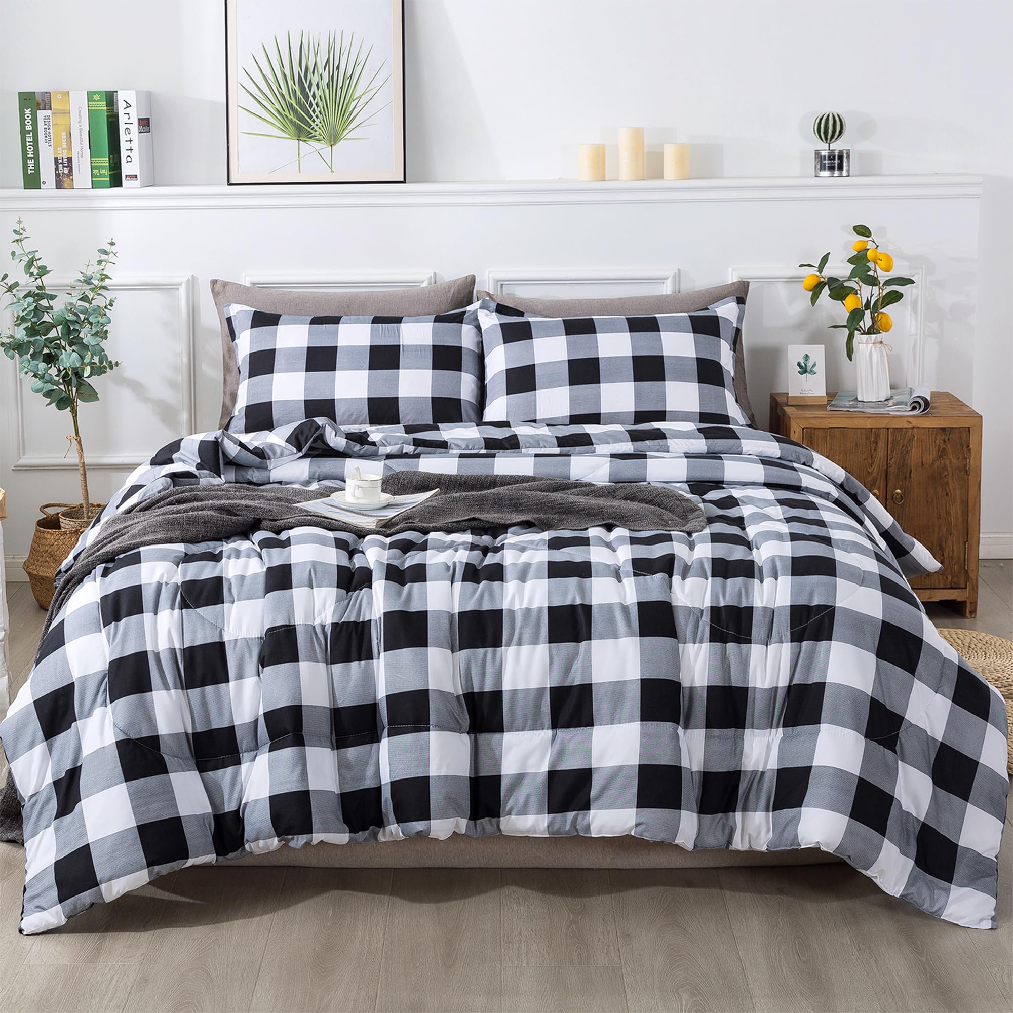 Andency Gray Black White Plaid Queen Comforter Set - Reversible Buffalo Check Bedding for Boys & Teens | All-Season Lightweight Microfiber Comforter | Soft & Fluffy Neutral Bedding for Queen Size Beds | Perfect for Dorm Rooms, Guest Bedrooms & Cozy Teen Bedrooms