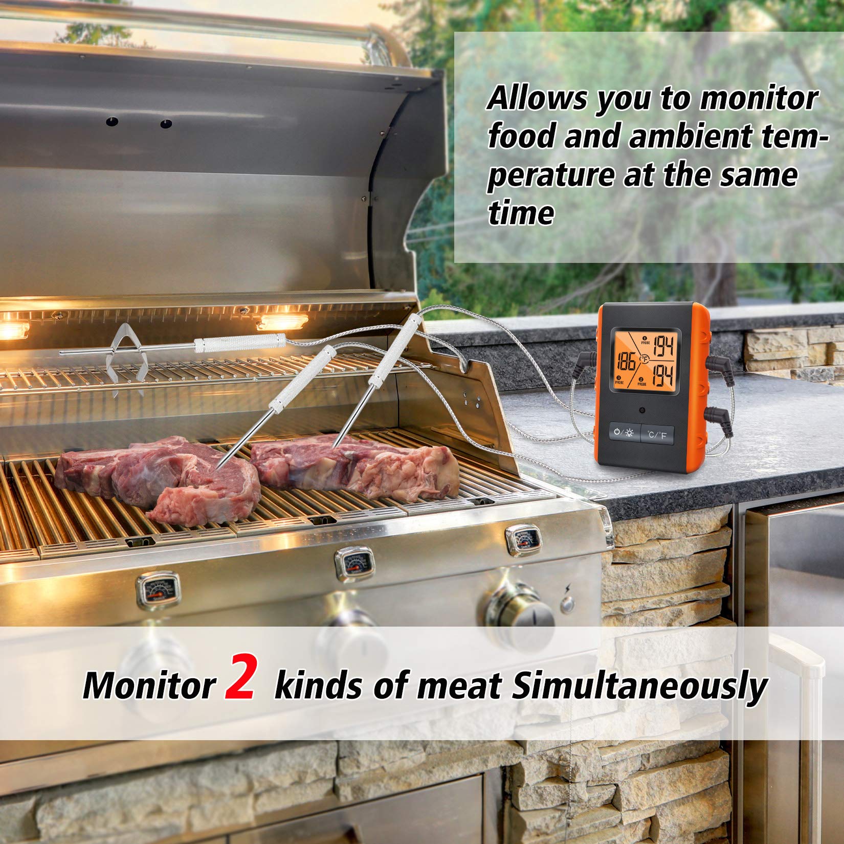 Wireless Digital Meat Thermometer for Grilling, Smoking & BBQ - 3 Probes with 490ft Range - Monitor Food & Ambient Temperature for Kitchen, Oven & Outdoor Cooking - Perfect for Steak, Turkey, Candy Making & More
