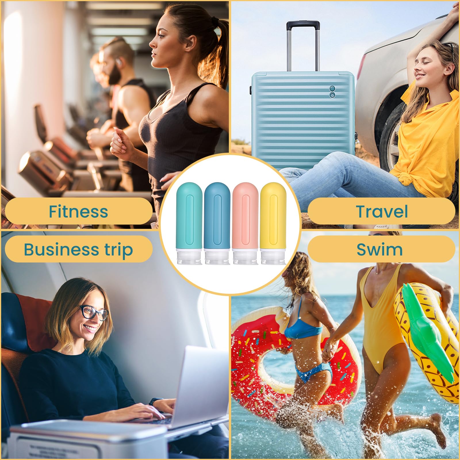 RONRONS 4-Pack Leak Proof Travel Bottles (3oz) - Silicone Toiletry Containers for Shampoo, Lotion & Cream - Perfect for Air Travel, Gym & Vacation Essentials