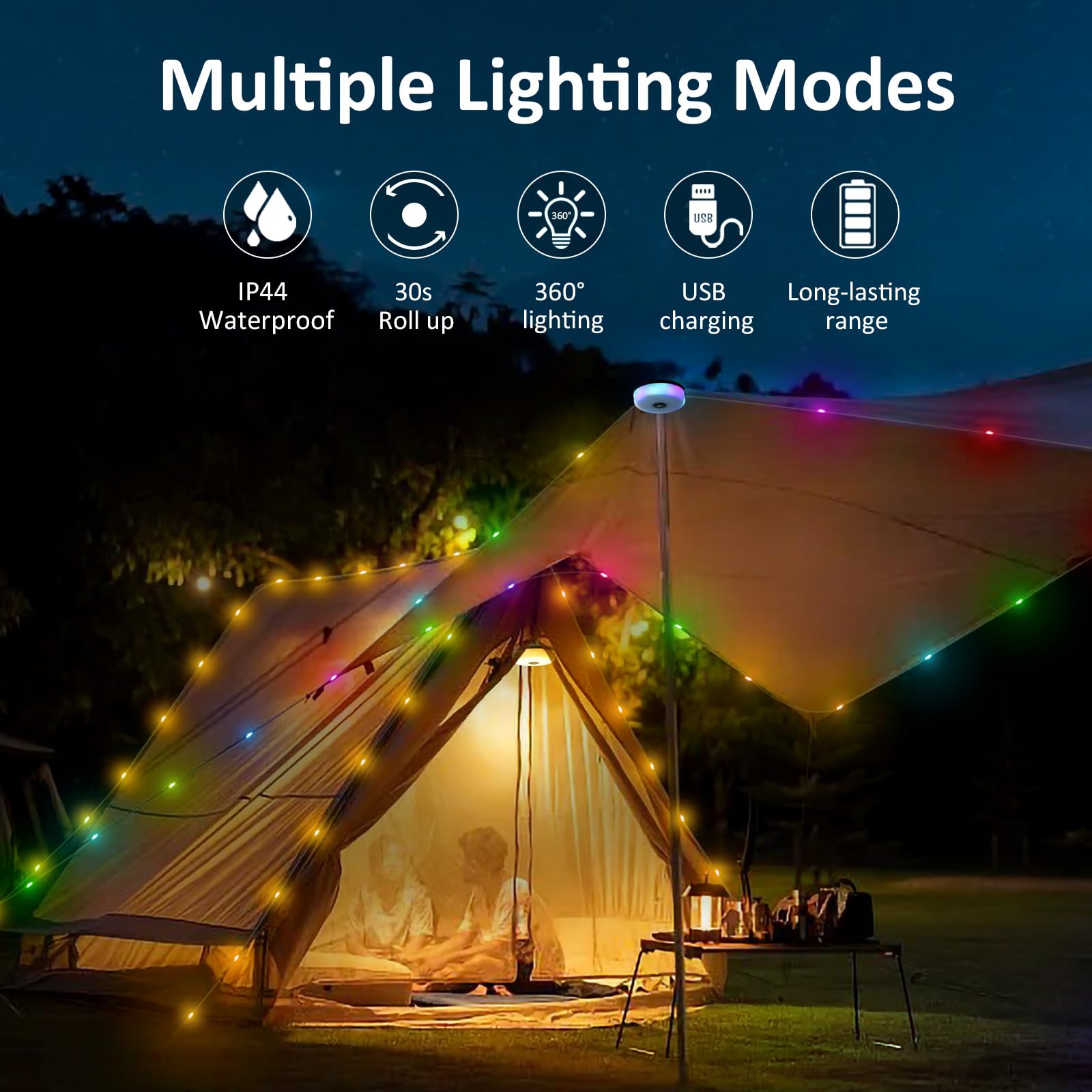32.8FT USB Rechargeable Camping String Lights - 4-in-1 Waterproof Fairy Lights with 8 Lighting Modes & 30s Recovery, 2000mAh Battery for Tent, RV, Yard, Garden Decor | Perfect for Outdoor Camping, Hiking, Backyard Parties and Patio Lighting