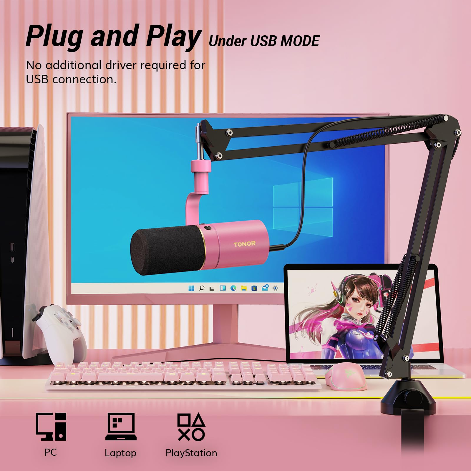 TONOR TD510+ Dynamic Microphone - USB/XLR Dual Output Cardioid Studio Mic with Boom Arm Stand for Podcasting, Recording, Streaming & Gaming | 3.5mm Headphone Jack | Pink | Perfect for Home Studios, YouTube Creators & Twitch Streamers