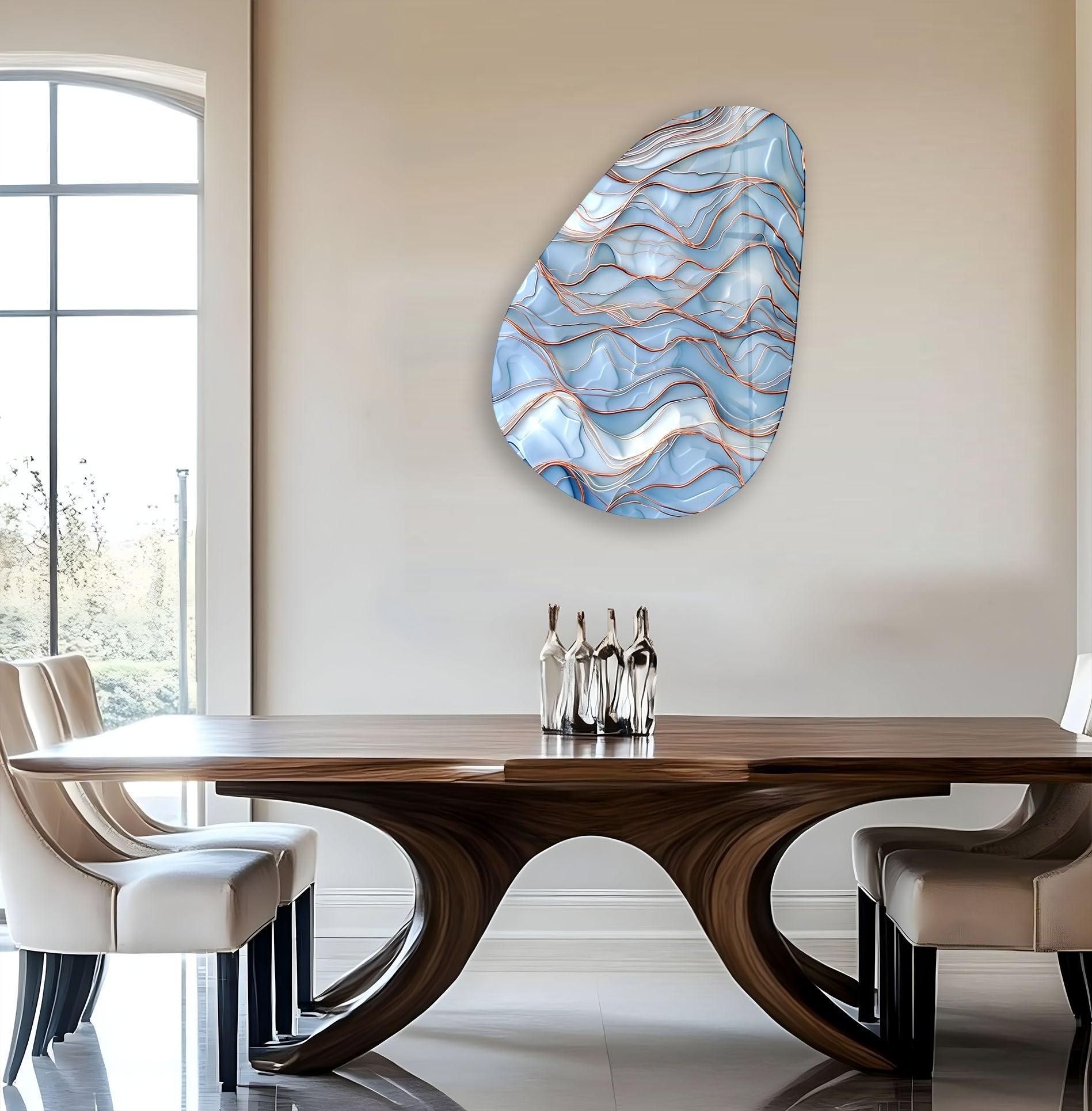 Blue Golden Marble Glass Wall Art - Handmade Asymmetrical Oval Design for Living Room, Bedroom & Office Decor | Modern Abstract Home Wall Decor