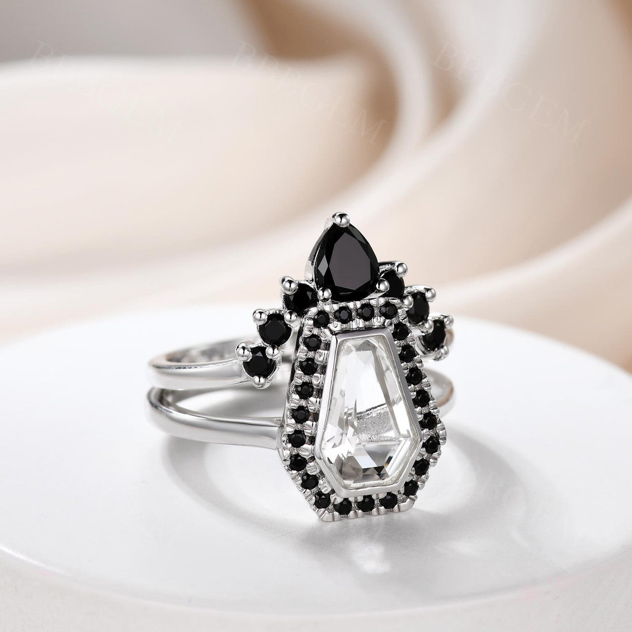 14K White Gold Coffin Cut White Topaz & Black Diamond Gothic Engagement Ring Set (2-Piece) – Perfect for Dark Romance Weddings, Gothic Proposals, and Alternative Jewelry Lovers