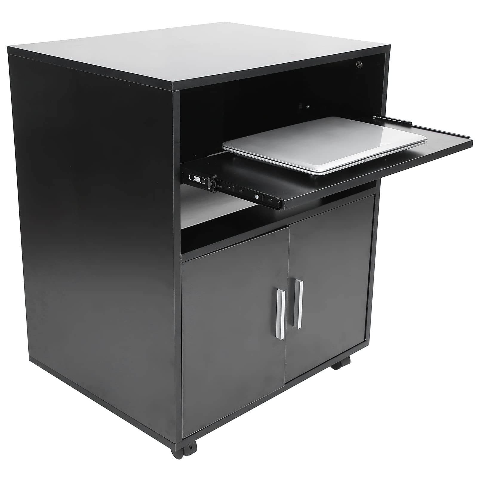 Estink Mobile Printer Stand with Keyboard Tray - MDF File Cabinet with Wheels, Doors & Open Shelves - Compact Office Desk Organizer for Home Study & Workspace Storage