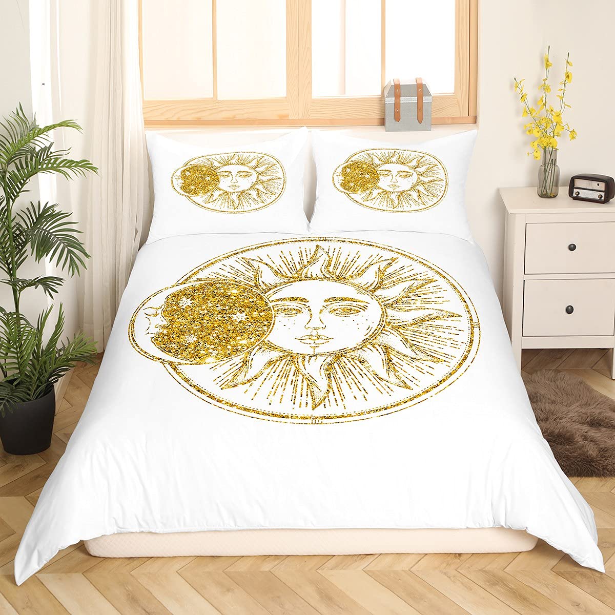 Boho Duvet Cover Set Twin Size - Bohemian Bedding with Sun Moon Stars Print, Microfiber Comforter Cover, Zipper Closure, 2-Piece Set for Cozy Bedroom Decor | Perfect for Hippie, Celestial & Cosmic Theme Rooms