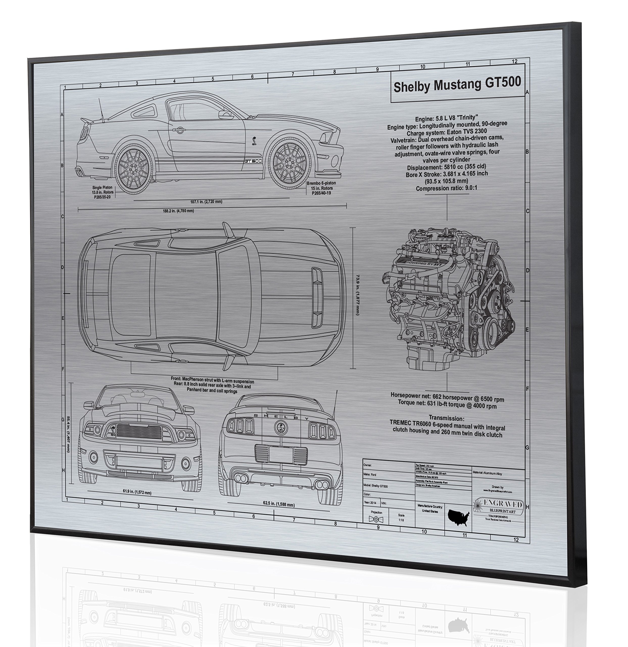 2014 Shelby Mustang GT500 Blueprint Artwork - Laser Engraved & Personalized - Unique Ford Car Enthusiast Gift for Home, Office, or Man Cave Decor