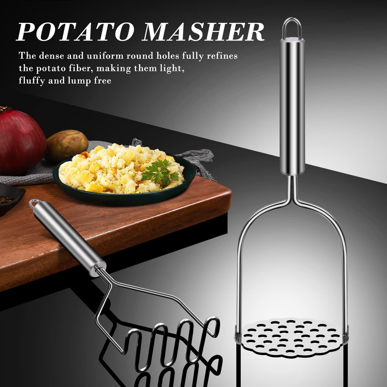 Sopito 2-Piece Stainless Steel Potato Masher & Ricer - Heavy Duty Kitchen Tool for Mashing Potatoes, Vegetables, Fruits & Baby Food - Perfect for Homemade Purees, Soups & Baking
