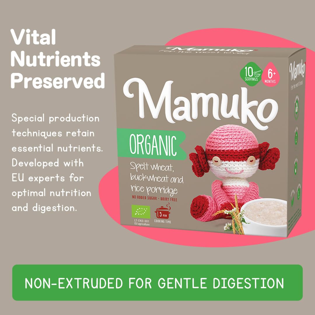 Organic Spelt Buckwheat Rice Porridge - Healthy High Fiber Baby Cereal with No Added Sugar, Milk or Preservatives - MAMUKO Gluten-Free Toddler Food (200g, 10 Servings) - Perfect for Breakfast, Weaning & On-the-Go Meals