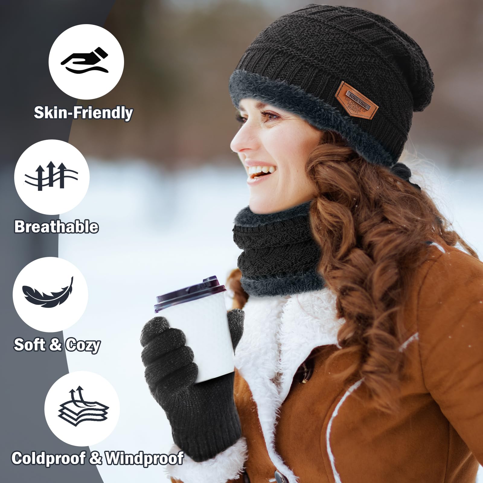 Winter Beanie Hat & Touchscreen Gloves Set - Warm Fleece Lined Skull Cap, Circle Scarf & Neck Warmer for Women & Men - Perfect for Skiing, Snowboarding & Cold Weather Activities