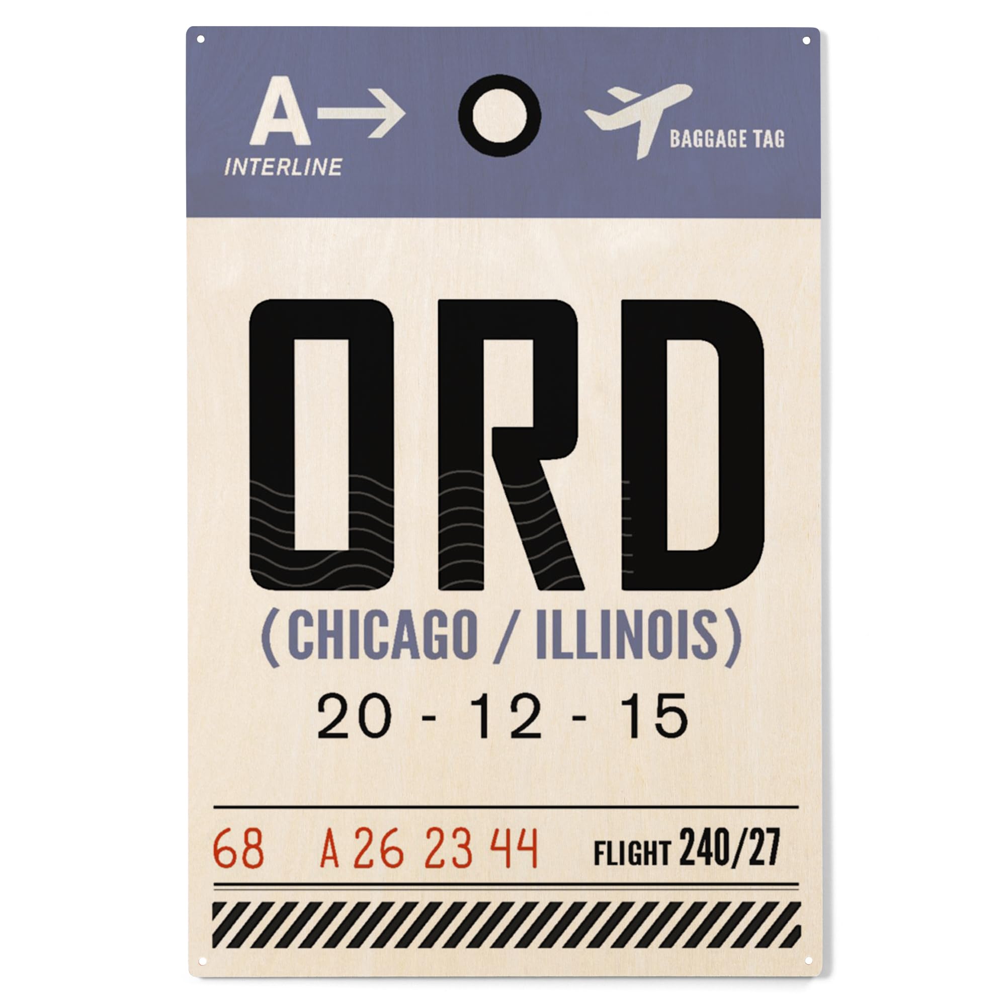 Lantern Press 10x15 Inch Chicago Illinois ORD Airport Wooden Wall Sign - Ready to Hang Home Decor with Luggage Tag Design - Perfect for Travel Themed Rooms, Office Decor & Gift Ideas