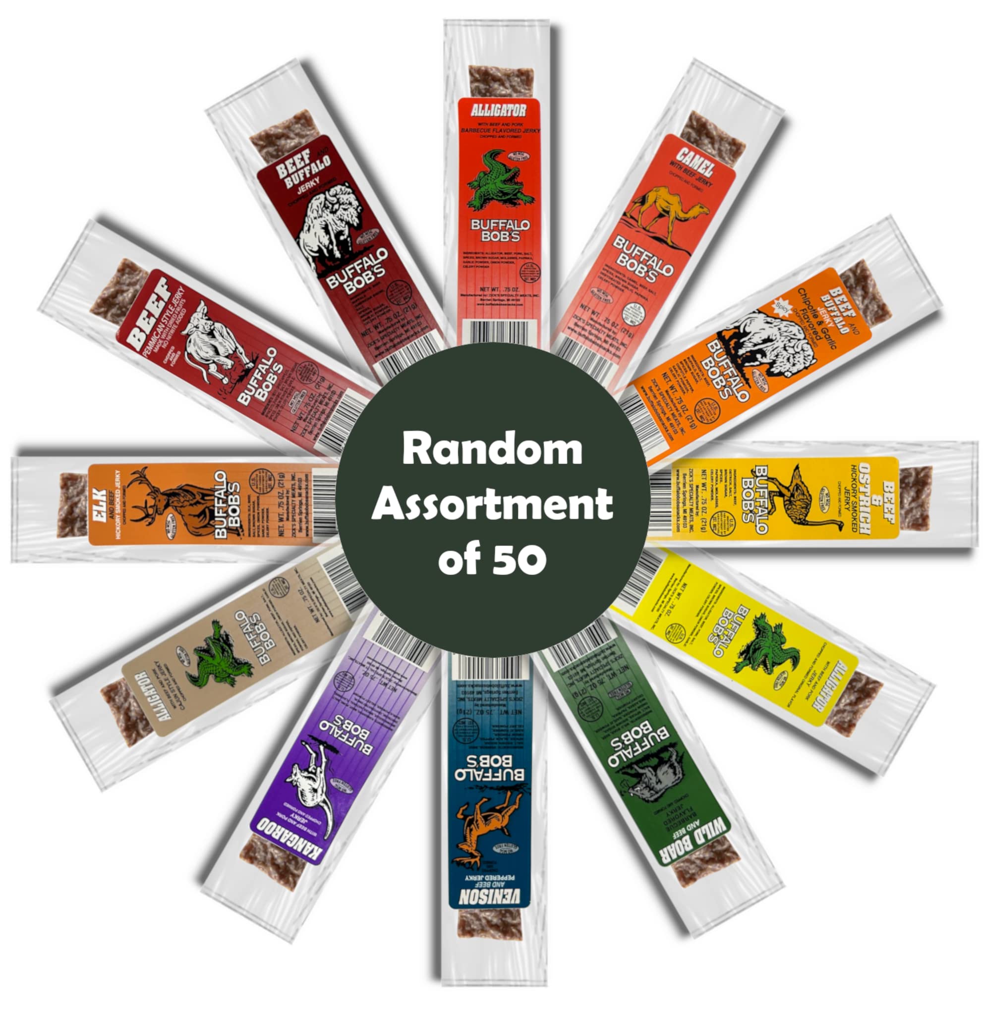 BUFFALO BOB'S Wild Game Meat Snacks - 50 Assorted Exotic Jerky Flavors Including Alligator, Buffalo, Elk & Venison - High Protein Adventure Snacks for Hiking, Camping & Gifts for Men, Dad & Outdoors Enthusiasts