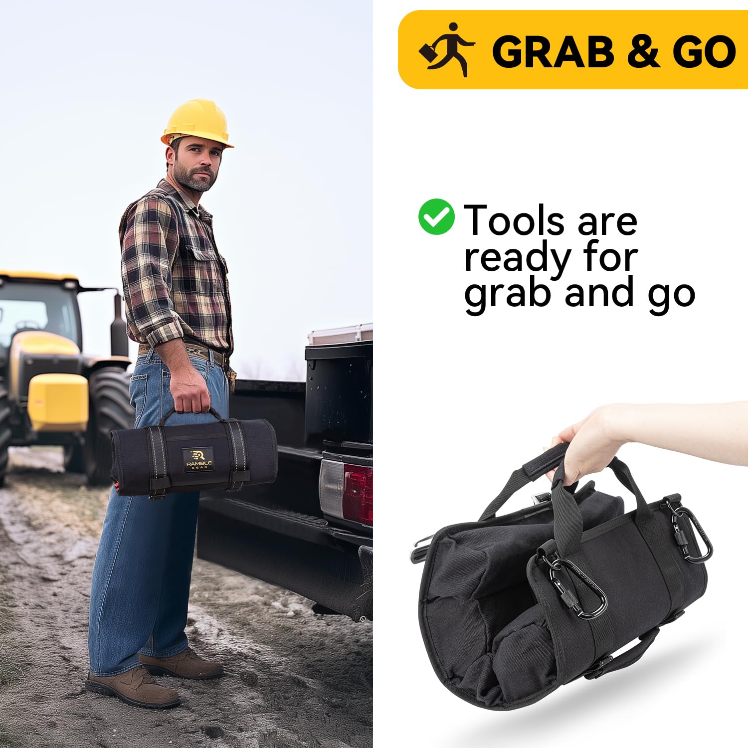Heavy Duty Canvas Tool Roll Bag Organizer with 4 Large Labeled Pockets & Carabiners - Foldable Portable Tool Storage for Mechanics, Electricians, DIY & Home Improvement | Perfect for Workshop, Garage & On-the-Go Repairs