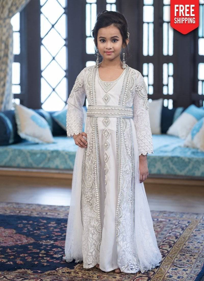 Arabic Moroccan Long Sleeve Caftan for Kids - Traditional Elegant Dress for Special Occasions & Holidays