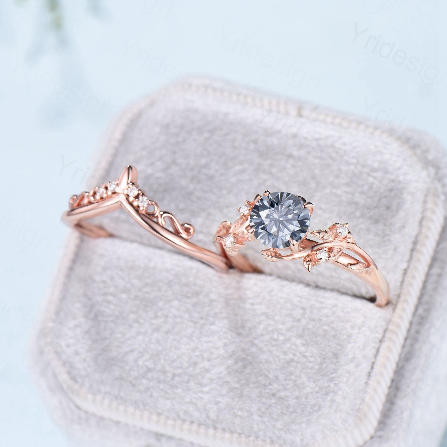 Leaf Twig Gray Moissanite Engagement Ring Set - Platinum Moissanite Wedding Band for Women - Nature Inspired Leaves Bridal Jewelry - Perfect for Outdoor Weddings & Nature-Themed Proposals