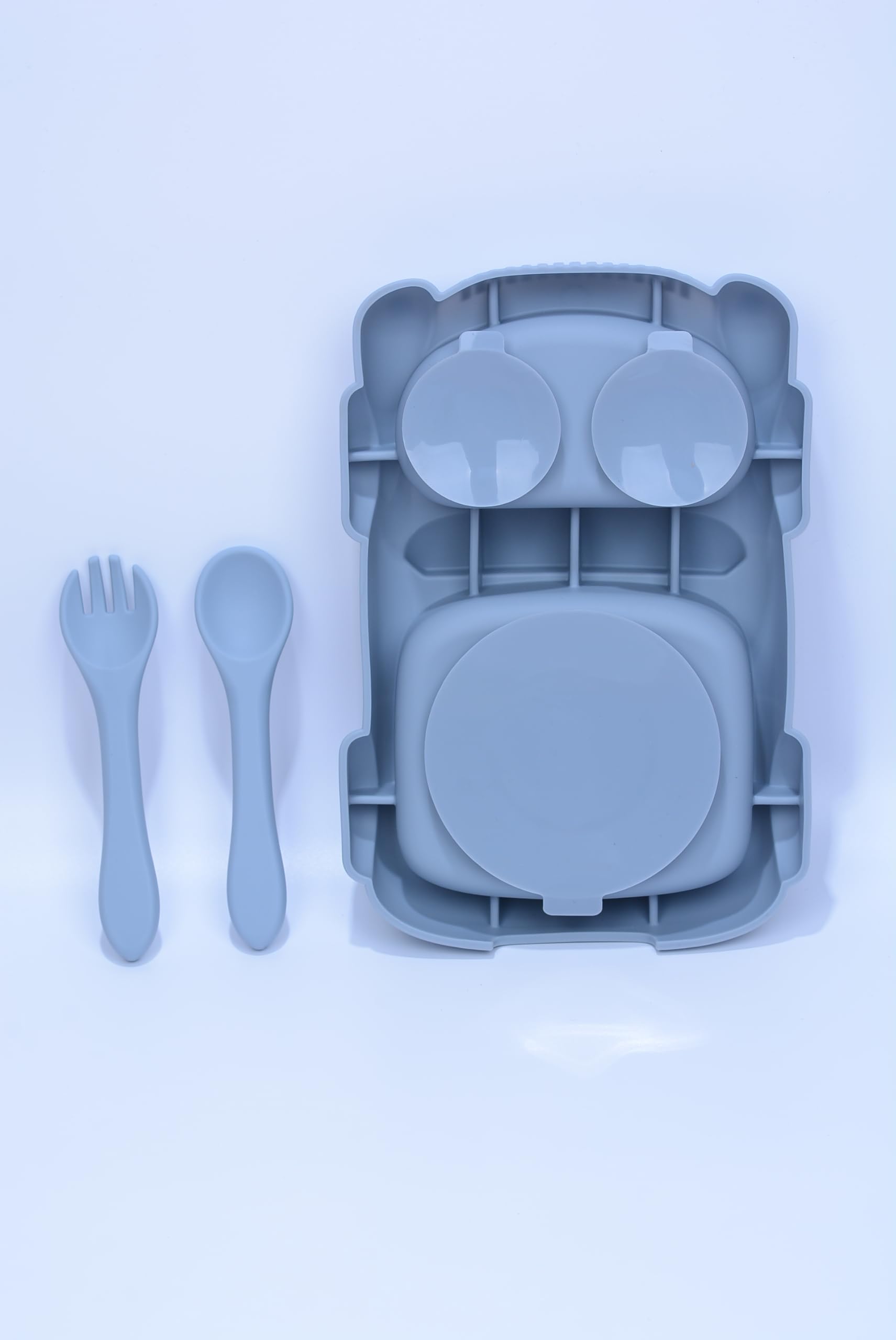 3-Piece Silicone Suction Car-Shaped Baby Plate with Spoon & Fork Set - BPA-Free, Dishwasher & Microwave Safe - 100% Food Grade for Infants & Toddlers (Dark Blue) - Perfect for Mess-Free Mealtime, Travel & Daycare Use
