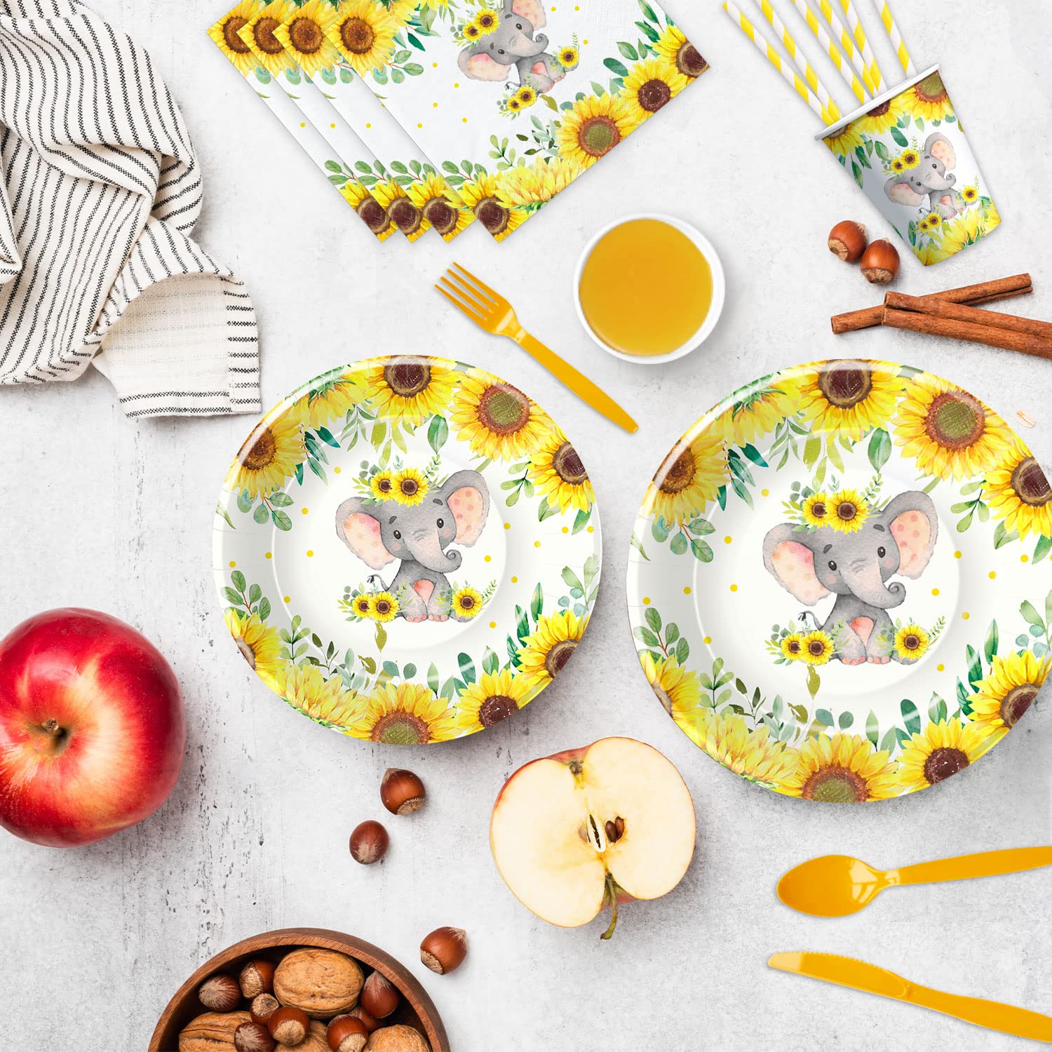 Xigejob Elephant Baby Shower Party Supplies Set - 24-Piece Tableware Kit with Plates, Cups, Napkins, Tablecloth, Cutlery & Straws | Perfect for Elephant-Themed Baby Showers, Birthday Parties & Nursery Decorations