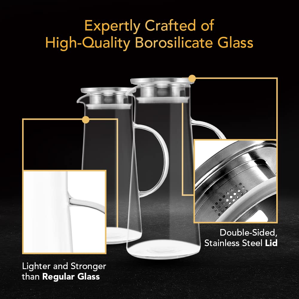 2-Pack Heat Resistant Glass Pitcher with Lid & Spout - 50oz Stainless Steel Lid Carafe for Coffee, Juice, Iced Tea & Water | Perfect for Entertaining, Restaurants & Home Kitchen Use