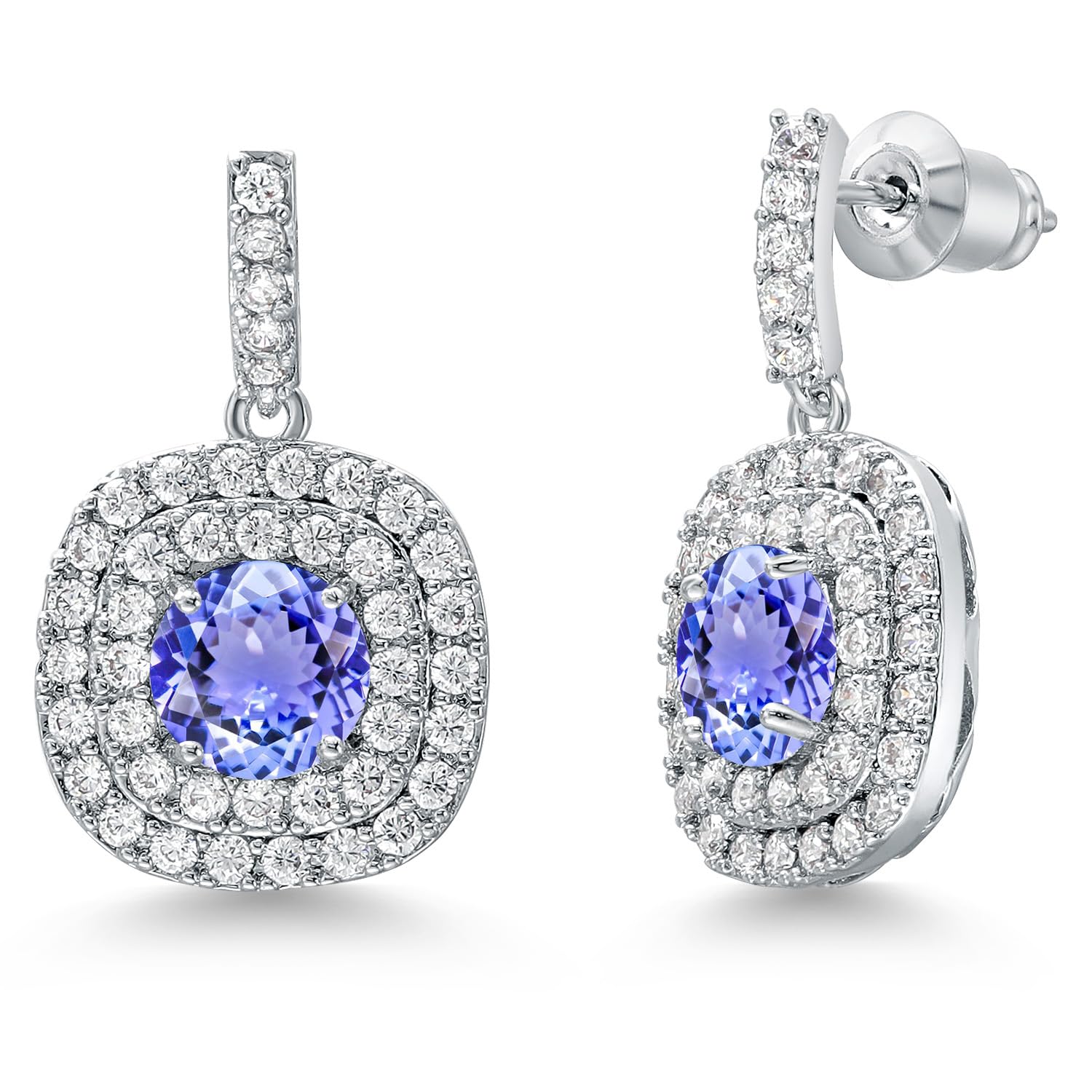 Gem Stone King 6MM Round Gemstone Birthstone Drop Dangle Double Halo Earrings For Women | Sterling Silver Dainty Jewelry | Perfect Gift for Birthday, Anniversary & Special Occasions