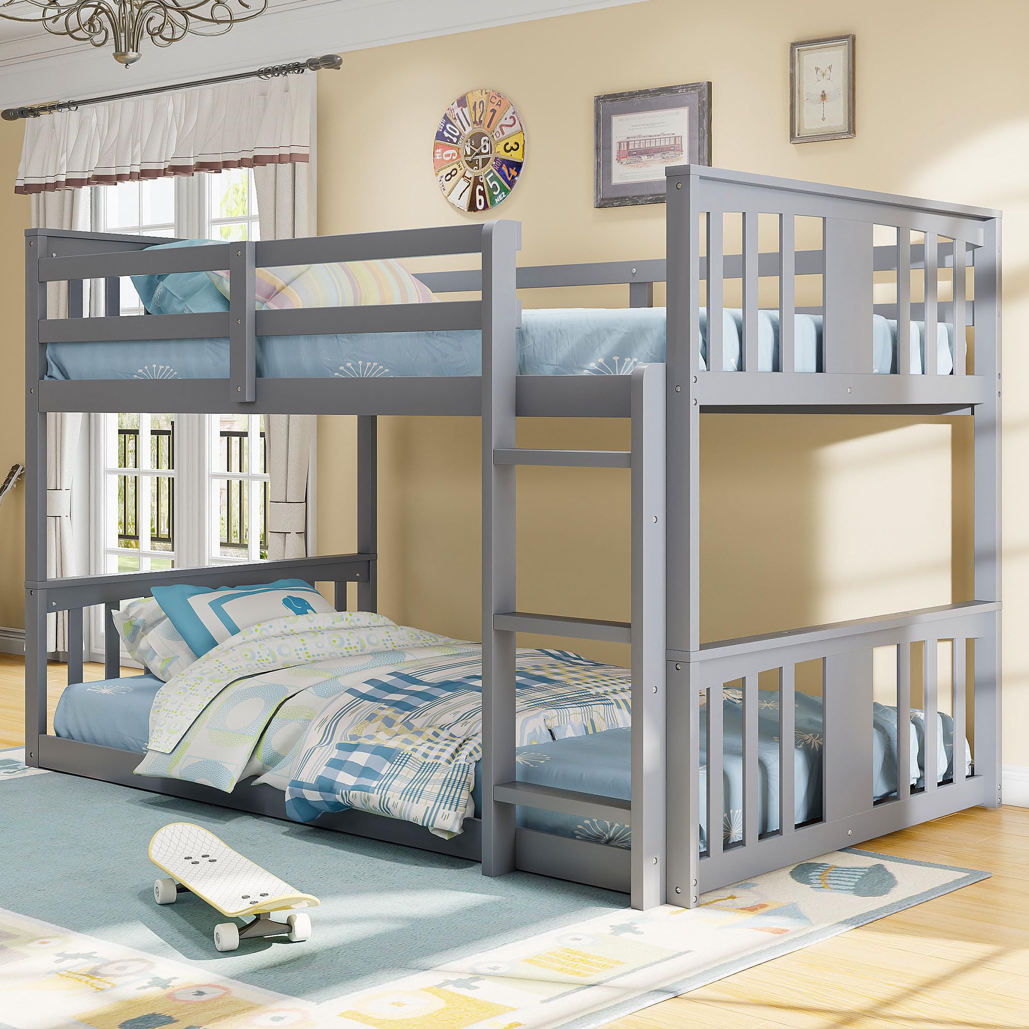 Twin Over Twin Floor Bunk Bed with Ladder - Sturdy Metal Frame Twin Size Bunk Bed for Kids & Teens - No Box Spring Needed - Perfect for Small Bedrooms, Dorms & Guest Rooms