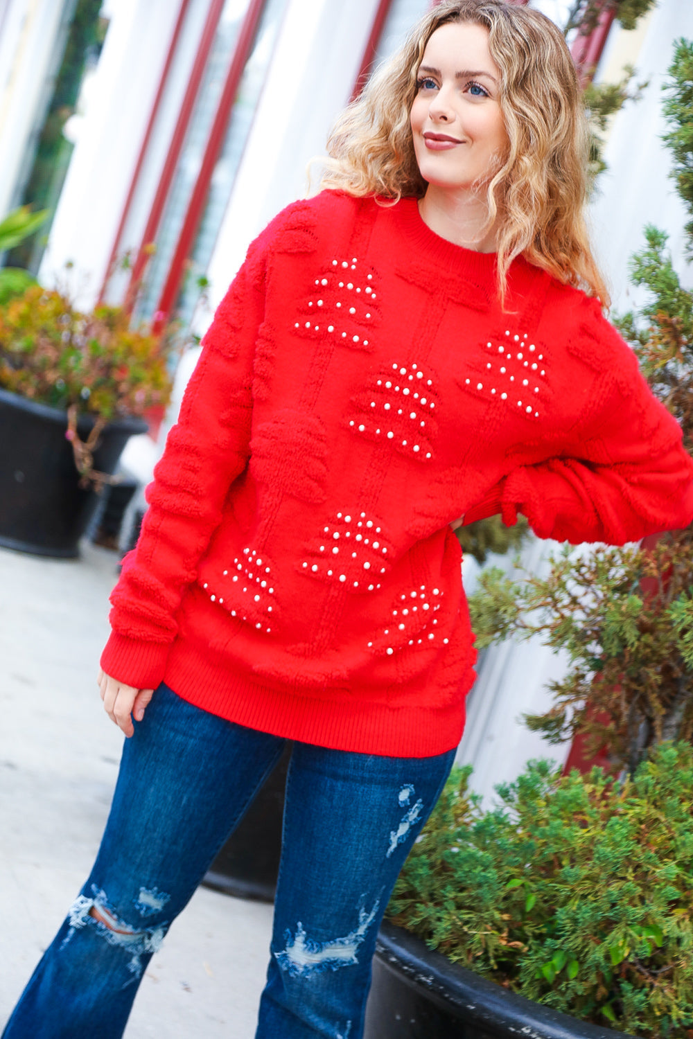 More The Merrier Red Pearl Christmas Tree Jacquard Sweater - Festive Holiday Knitwear for Women, Family Matching Outfits & Christmas Party Fashion