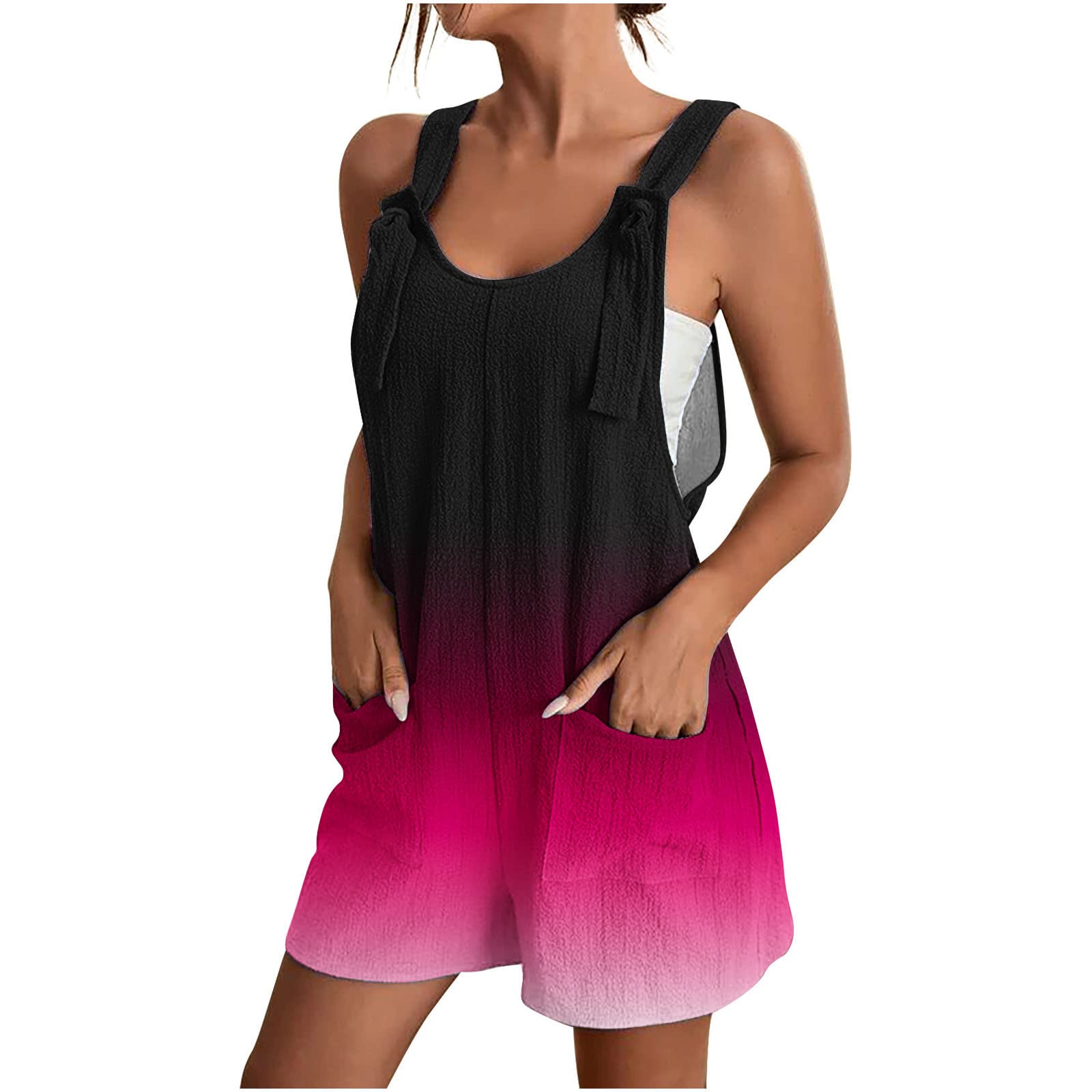 Women's Summer Short Rompers 2024 - Sleeveless Tie Knot Strap Jumpsuits, Casual Loose Overalls with Pockets | Beach Vacation, Outdoor Activities, Weekend Wear