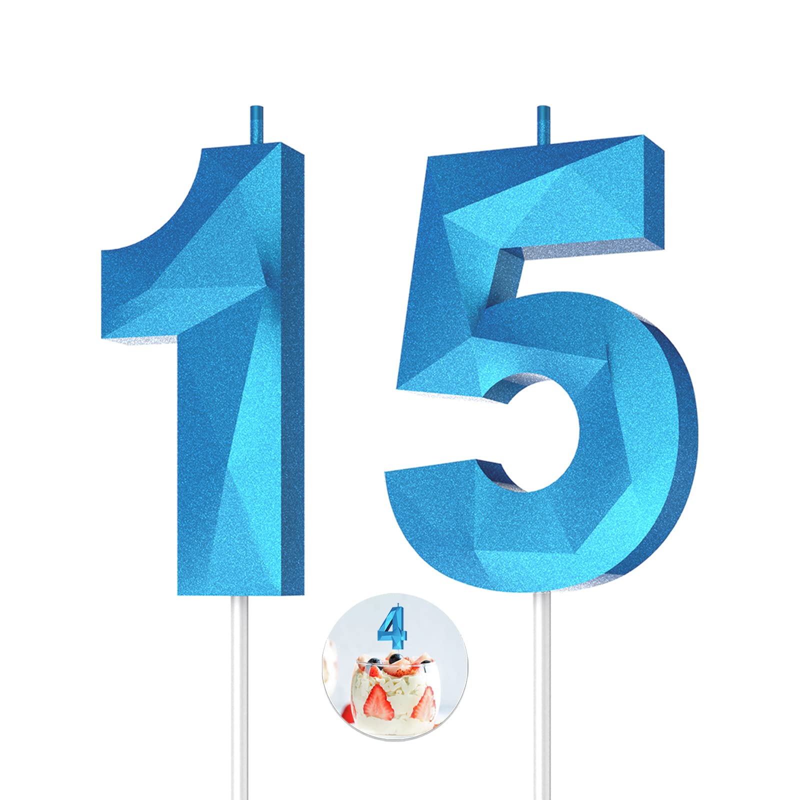 3D Diamond Shape Number Birthday Candles (15-Pack Blue) - Happy Birthday Cake Candles for Birthday Parties, Weddings, Reunions & Theme Celebrations - Perfect for Cake Decorating and Special Occasions