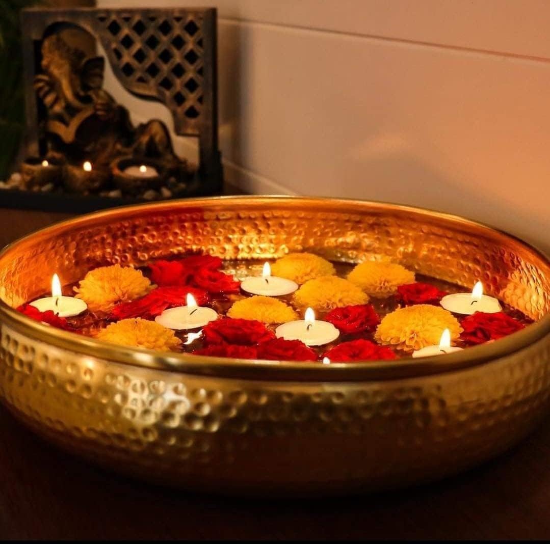 Antique Round Hammered Traditional Potpourri Bowl - Handcrafted Decorative Urli Bowl for Home Decor, Floating Flowers & Tea Light Candles | Diwali & Festival Decoration | Metallic Gold Finish | 12 Inch | Perfect for Centerpieces, Wedding Decor & Aromatherapy