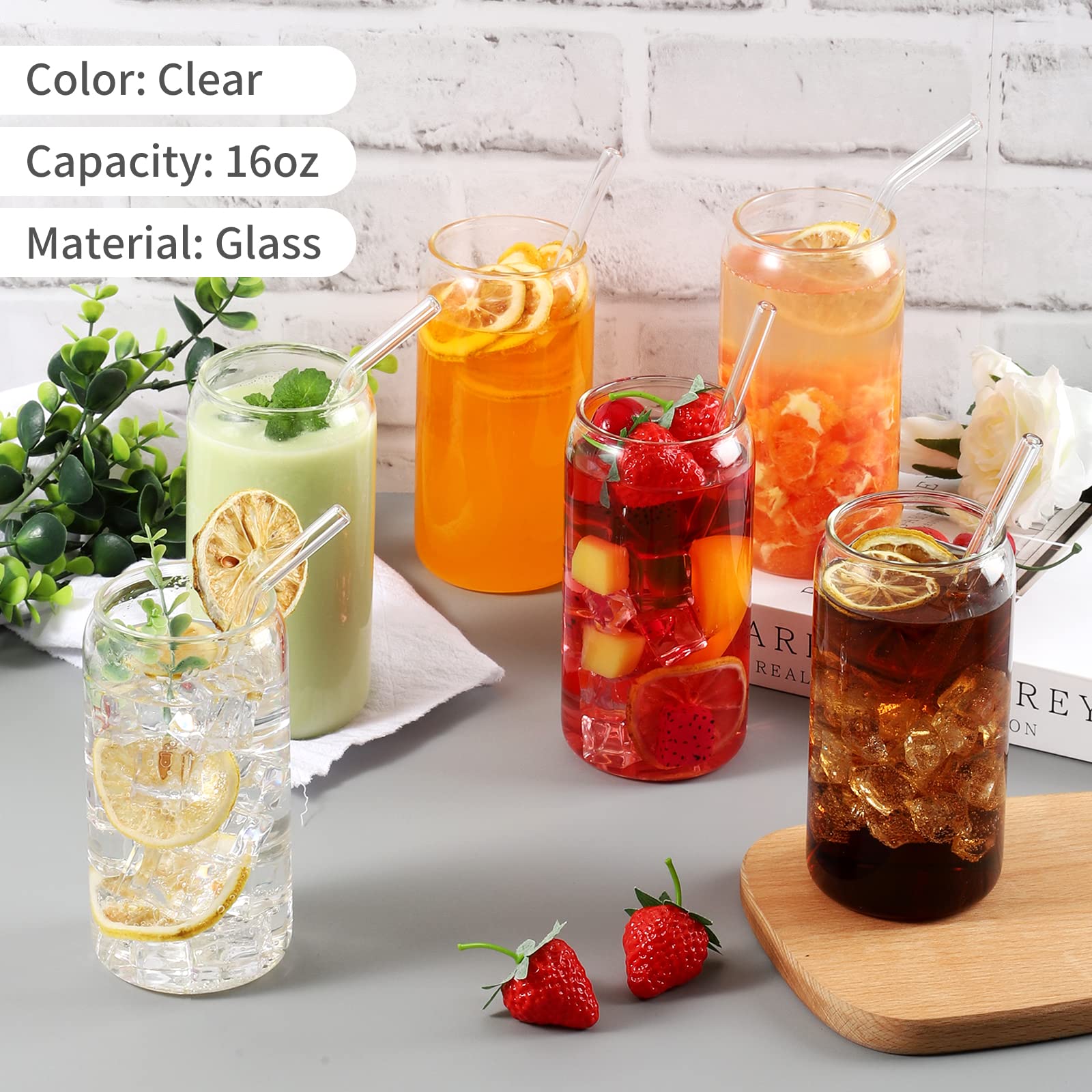 6-Pack 16oz Glass Cups with Straw - Reusable Beer, Coffee, Whiskey, Soda & Iced Tea Tumblers - Perfect for Home, Office, Parties & Outdoor Gatherings
