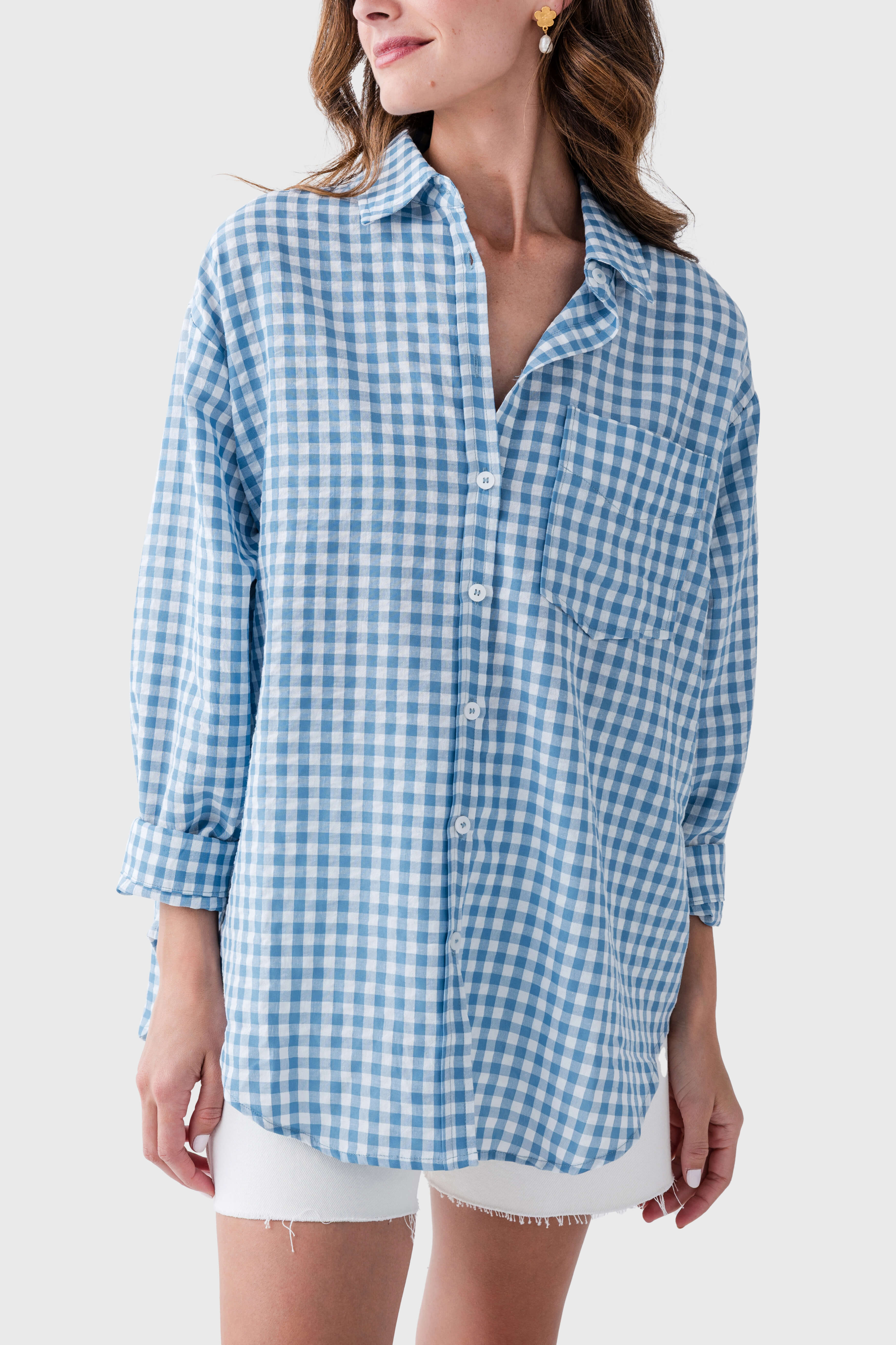 Stylish Gingham Print Oversized Button Down Shirt for Women - Casual & Chic Outfit for Summer, Beach, and Everyday Wear