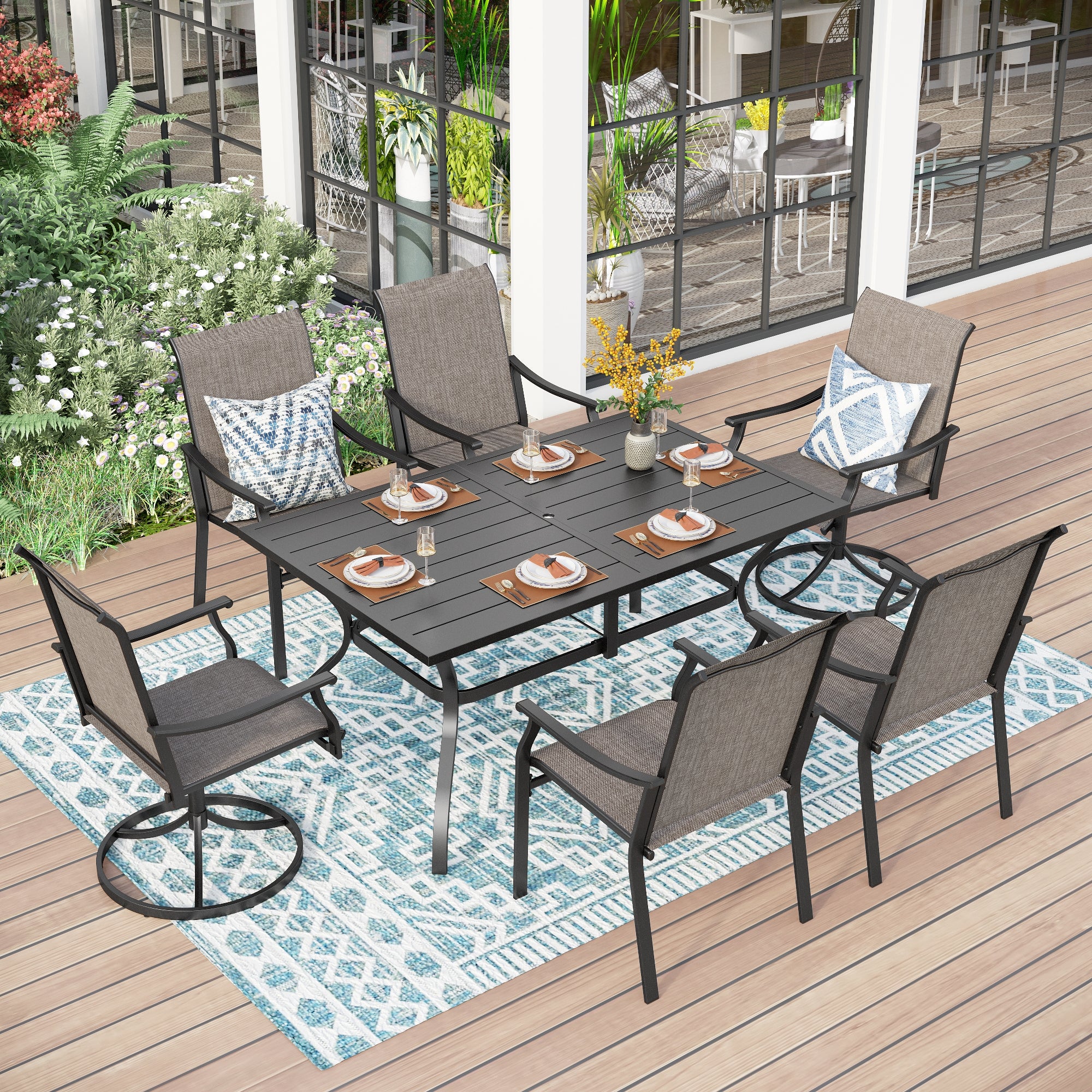 Sophia & William 7-Piece Outdoor Patio Dining Set with Ergonomic Sling Chairs (4 Fixed & 2 Swivel) and Durable Steel Rectangle Table - Perfect for Backyard BBQs, Poolside Gatherings and Garden Entertaining
