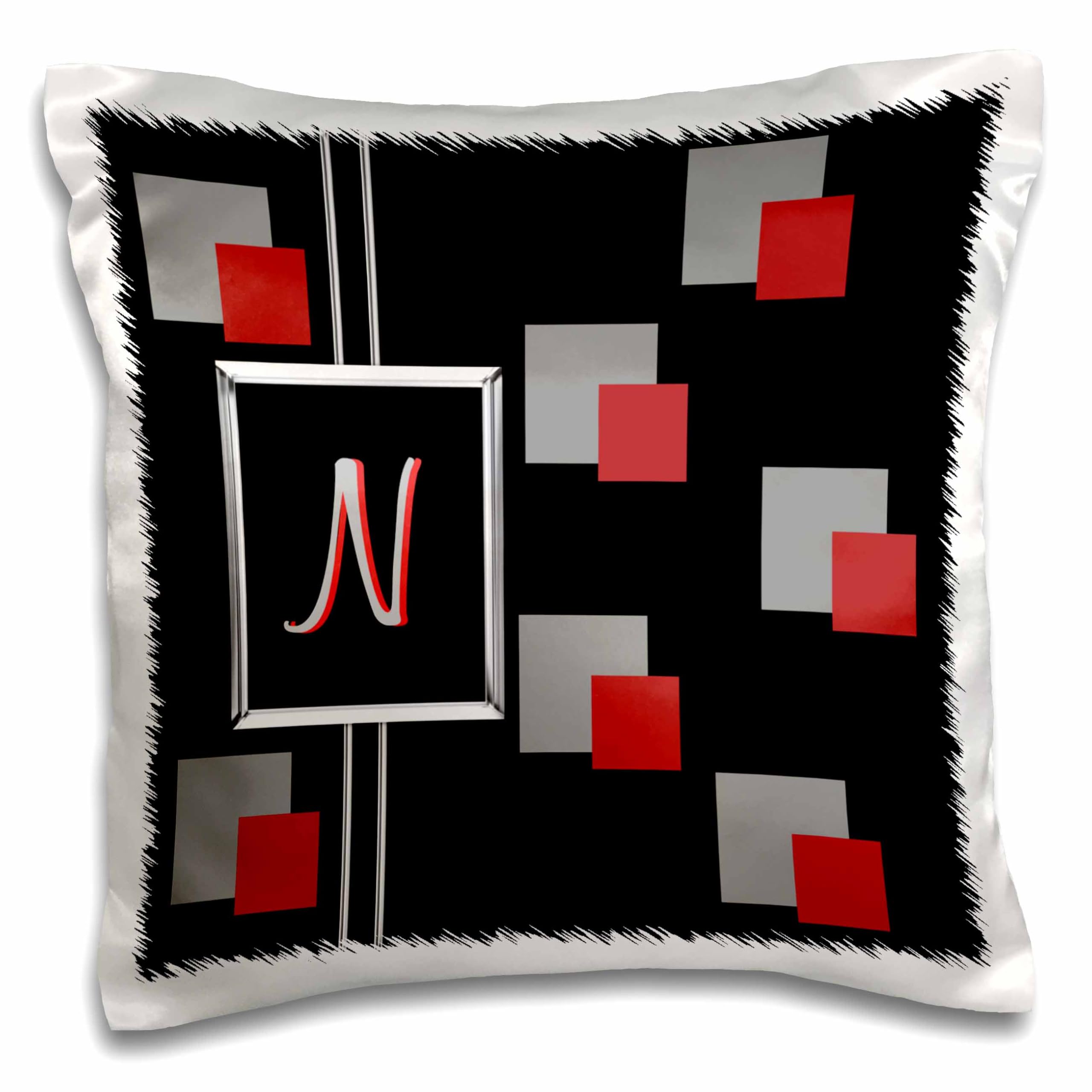 3dRose Modern Geometric Black Red Grey Square Pattern Monogram Letter N Pillow Case - 16x16 Inch Decorative Throw Pillow Cover for Living Room, Bedroom & Sofa