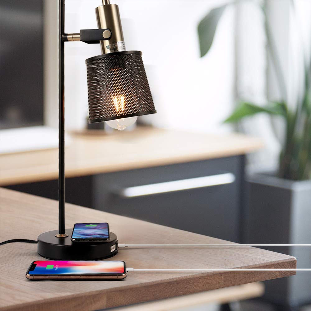 Neways Industrial Metal Mesh Desk Lamp with USB Fast Charging & Wireless Charger - Adjustable Office Lighting for Home, Bedroom, Study & Workspace | Plug-in Modern Task Light for Reading & Working