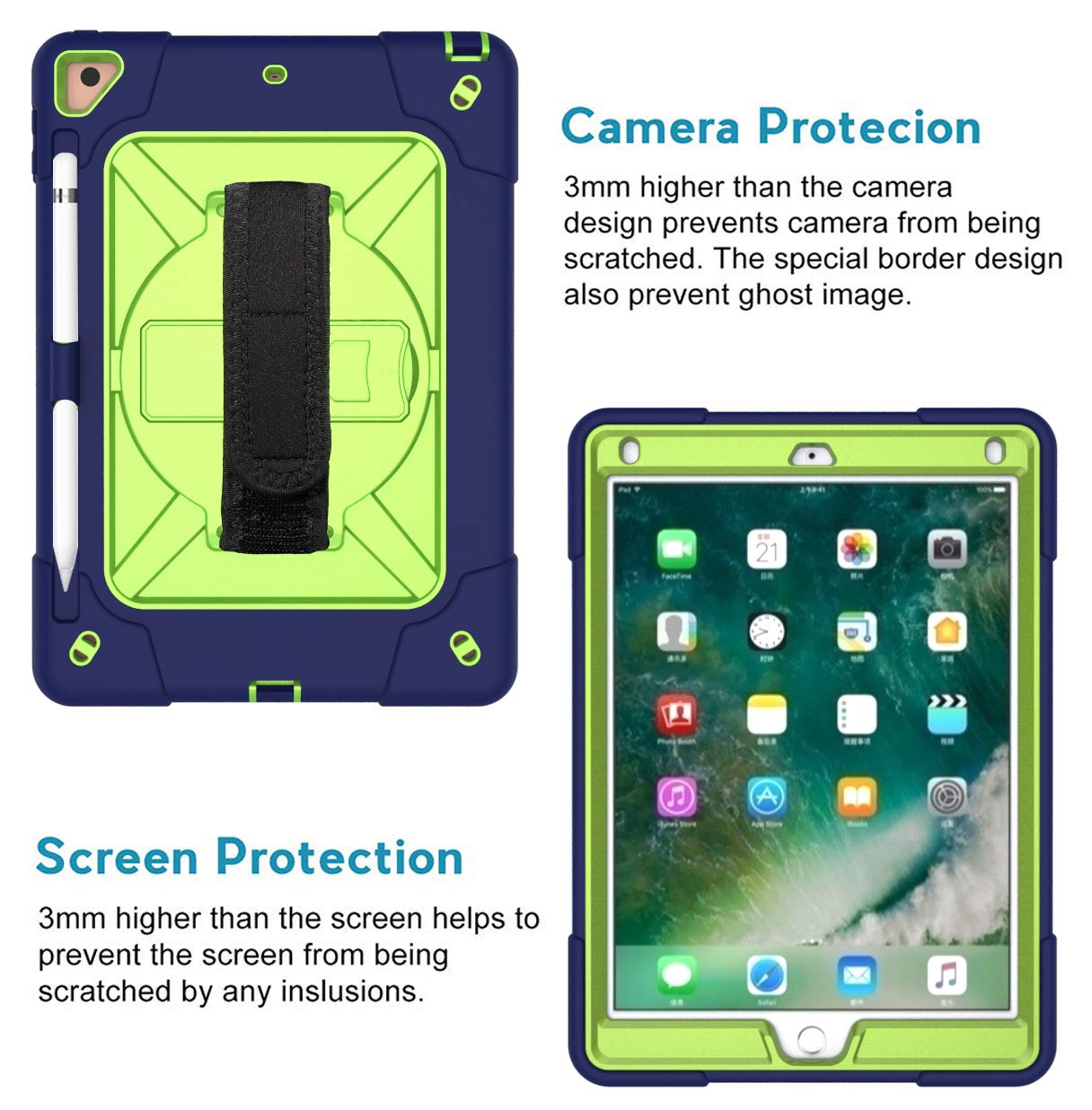 360° Rotating Handle Shockproof iPad Case with Kickstand & Pencil Holder - Compatible with iPad Air 2, iPad Pro 9.7 (2016), iPad 6th/5th Gen & New iPad 9.7 (2017/2018) | Navy Blue & Olive Green | Perfect for Work, Travel & School Use