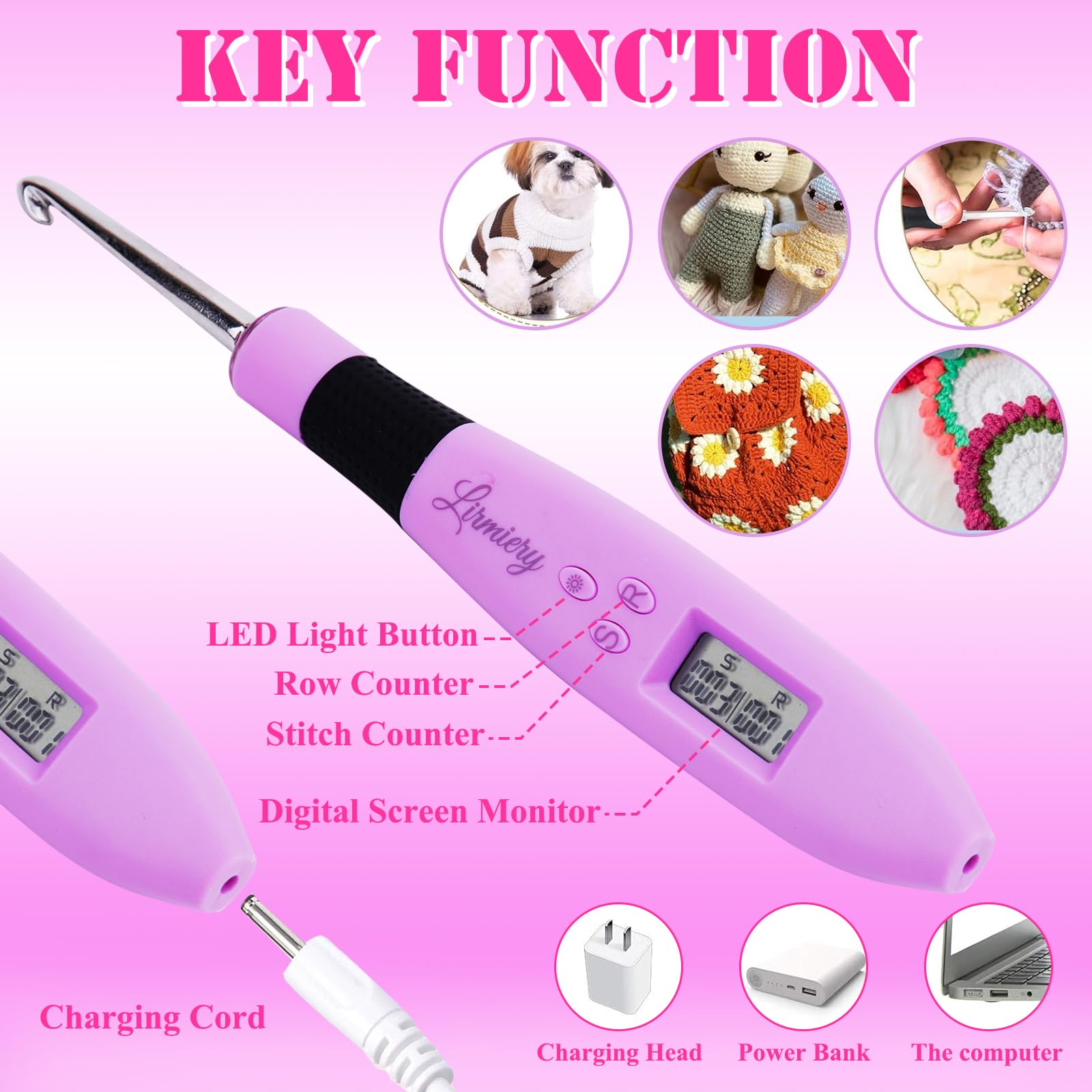 Lirmiery 18-Piece Light Up Crochet Hooks Set with Digital Stitch Counter - Ergonomic Soft Grip Knitting Needles for Beginners & Professionals - Perfect for Night Crocheting, Yarn Crafts & DIY Projects