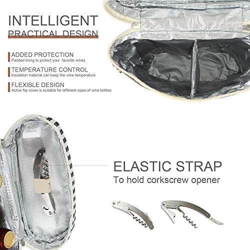 2 Pack Insulated Wine Tote Bag with Shoulder Strap & Corkscrew - Leakproof Wine Carrier Travel Cooler for Picnic, Beach, Camping & Outdoor Entertaining - Perfect Gift for Wine Lovers
