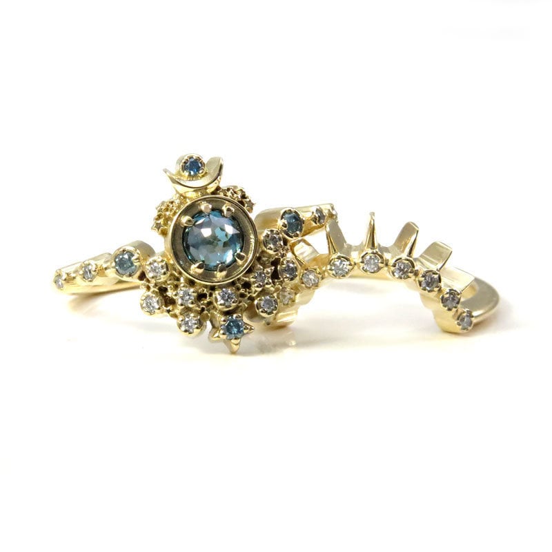 14k Yellow Gold Rose Cut Blue Diamond Moon Witch Engagement Ring Set with Sunray - Size 6 & 8 - Unique Handmade Gothic Jewelry - Perfect for Witchy Weddings, Halloween, and Alternative Bridal Fashion
