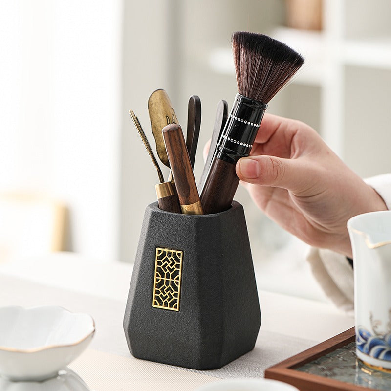 Premium Ebony Wood Tea Set with Black Ceramic Holder - Traditional Japanese Style Tea Accessories for Matcha, Green Tea & Herbal Brewing - Perfect for Tea Ceremonies, Home Decor & Gift Giving