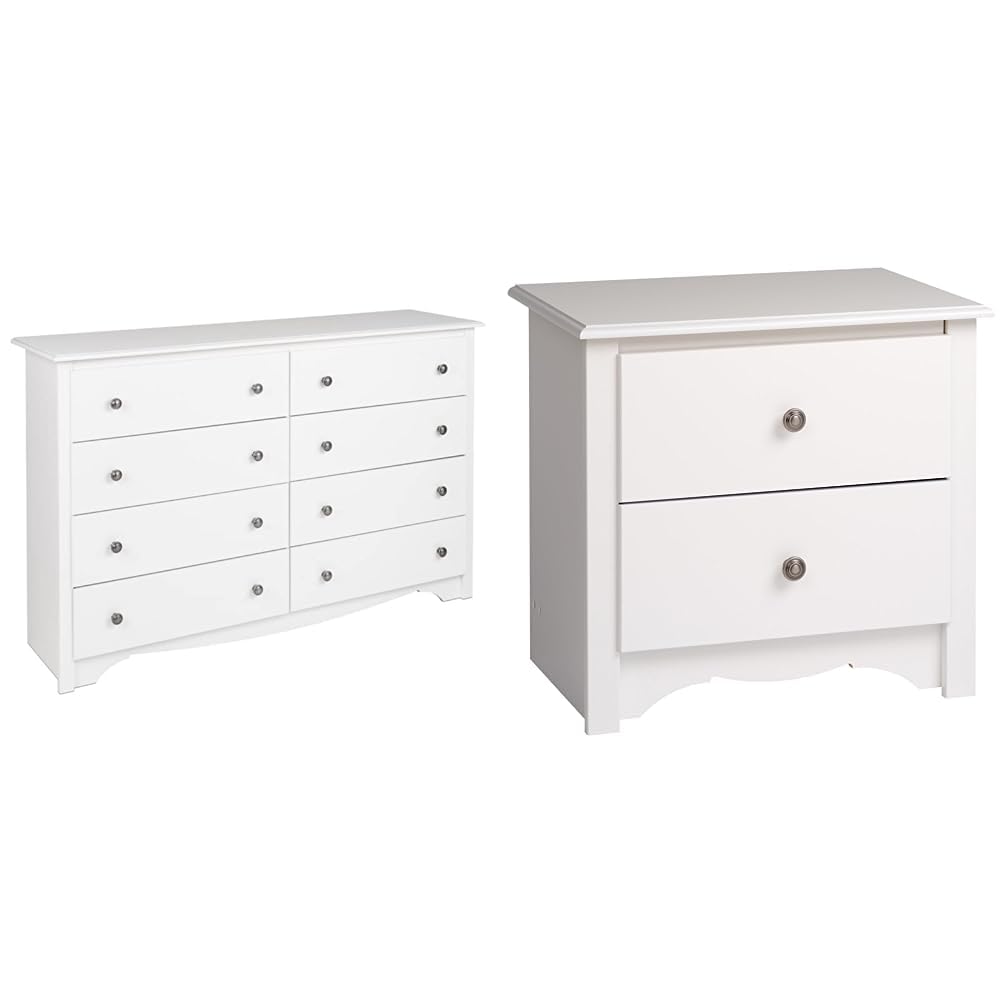 Prepac Monterey 8-Drawer Double Dresser & 2-Drawer Nightstand Set - White Wooden Bedroom Furniture (59