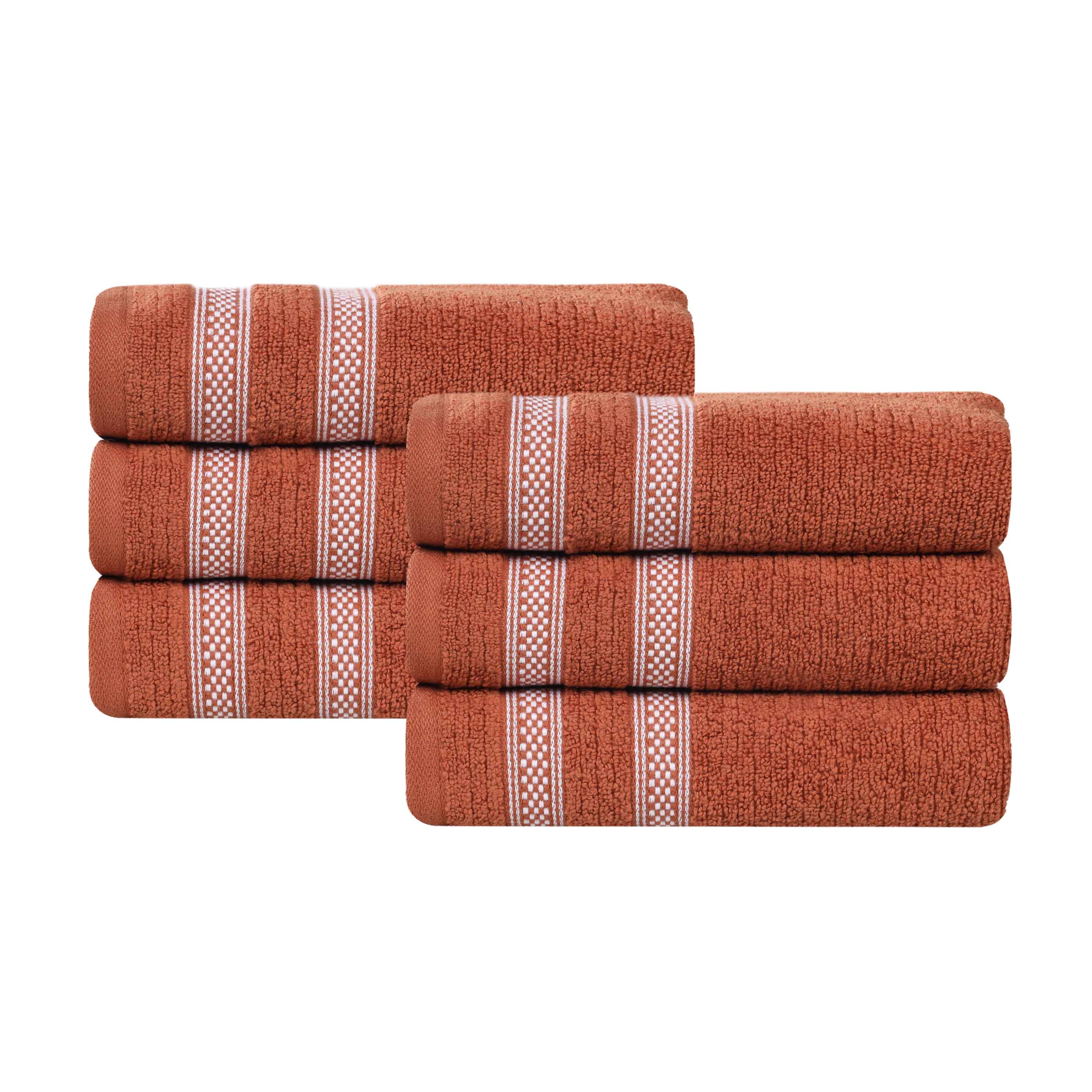 Premium 6-Pack Zero Twist Cotton Ribbed Geometric Border Plush Hand Towels - Ultra Soft & Absorbent for Bathroom, Kitchen, and Guest Use