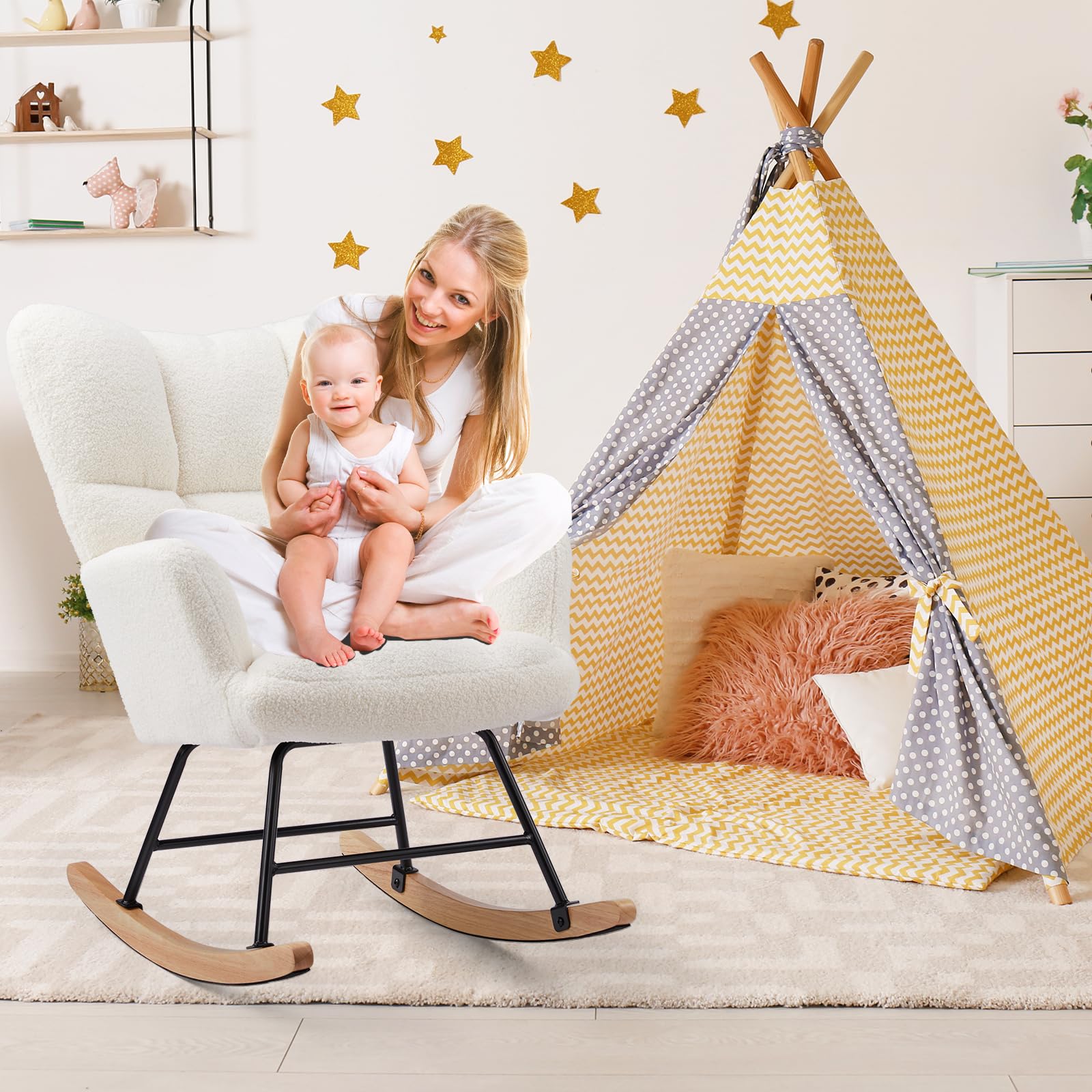NEWBULIG Nursery Rocking Chair - Teddy Upholstered Glider Accent Armchair with High Backrest, Beige - Comfortable Rocking Chair for Nursery, Bedroom & Living Room - Perfect for Breastfeeding, Reading & Relaxing