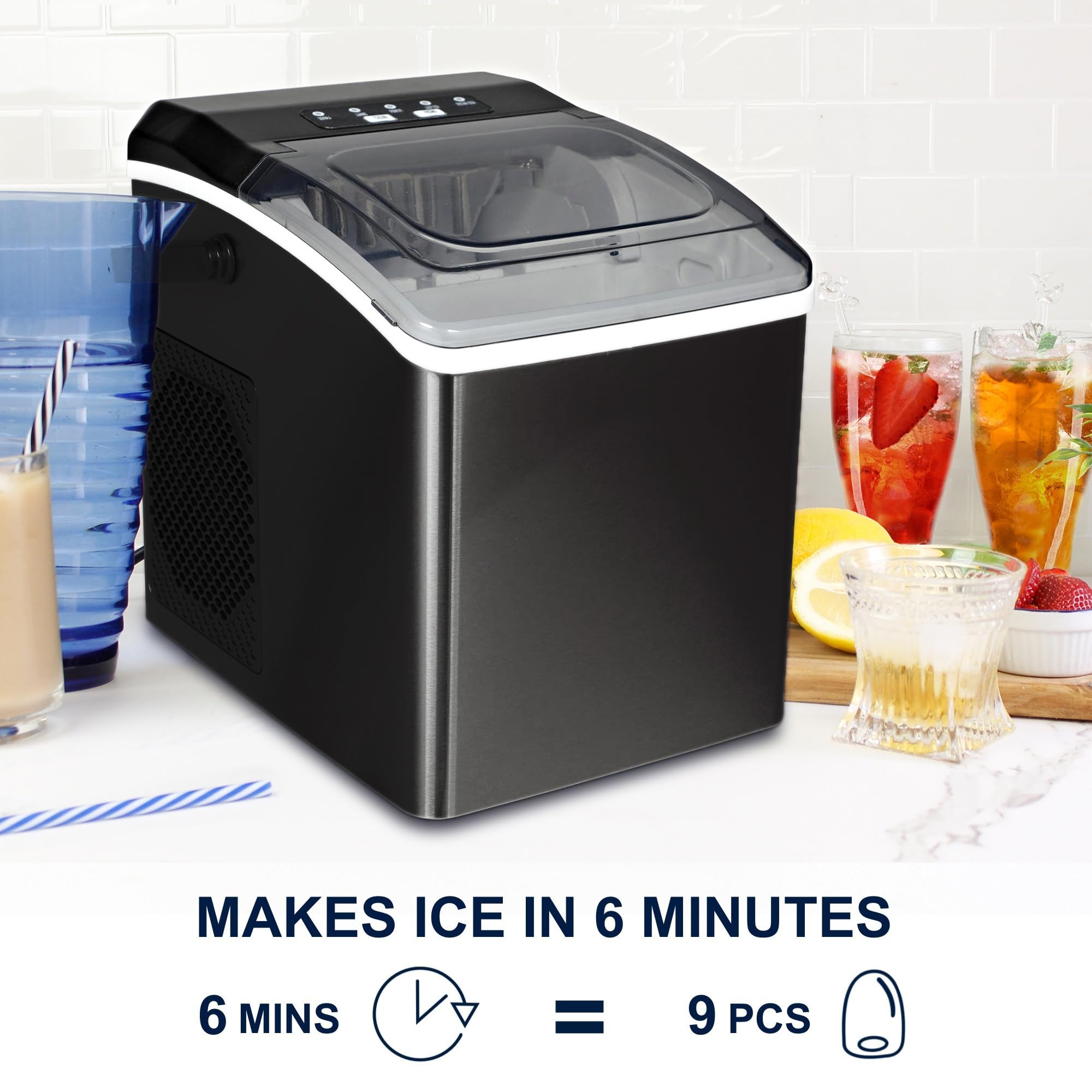 Koolatron Portable Countertop Ice Maker - 26 lbs/24Hrs, Black Stainless Steel, 2 Ice Sizes, Self-Cleaning, Makes 9 Ice Cubes in 6 Mins - Perfect for Home, Office, RV, and Outdoor Parties