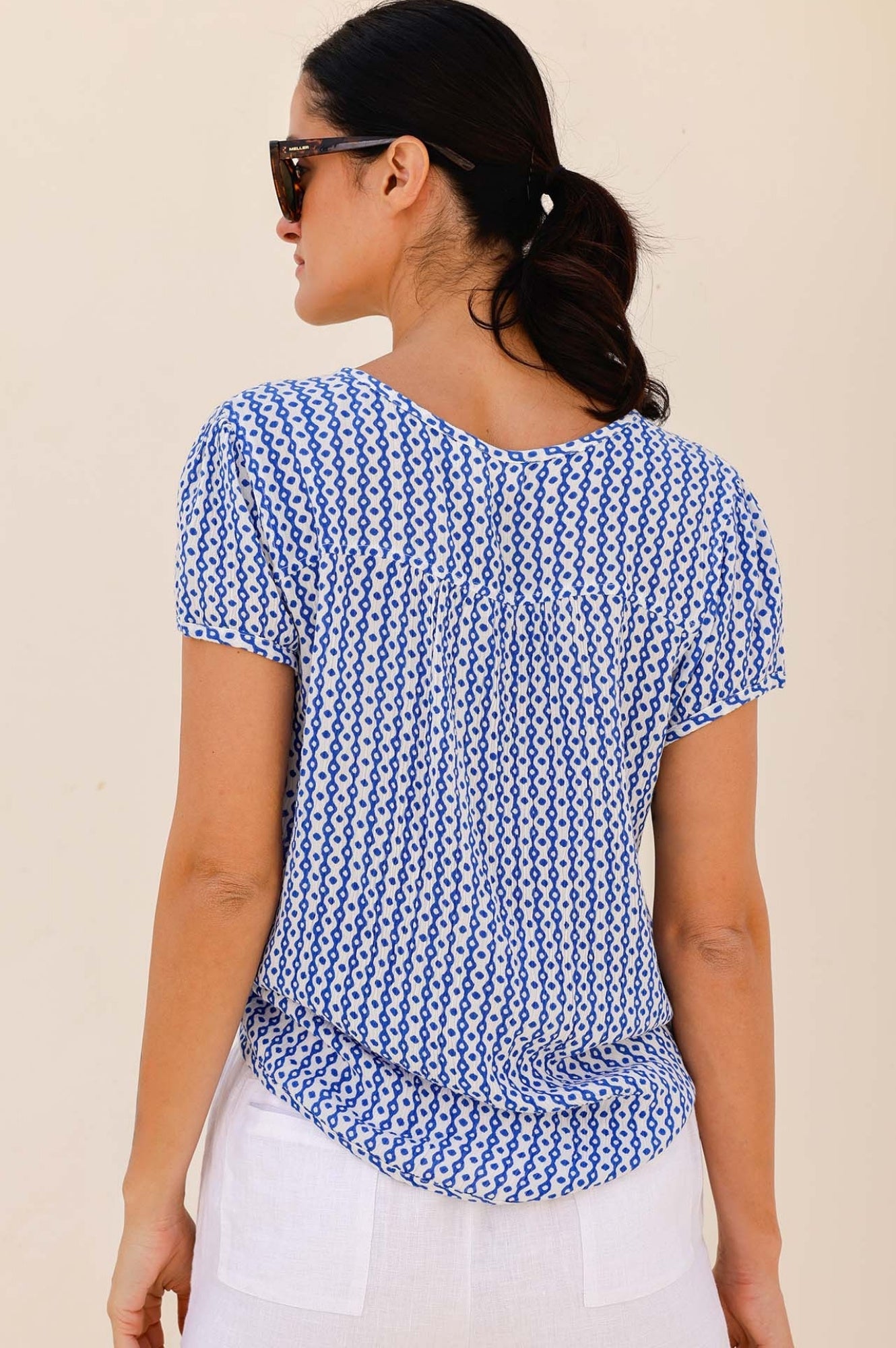 Lisbon Blouse - Santorini Border Blue & White Floral Print Women's Top | Casual Summer Beachwear & Vacation Outfit