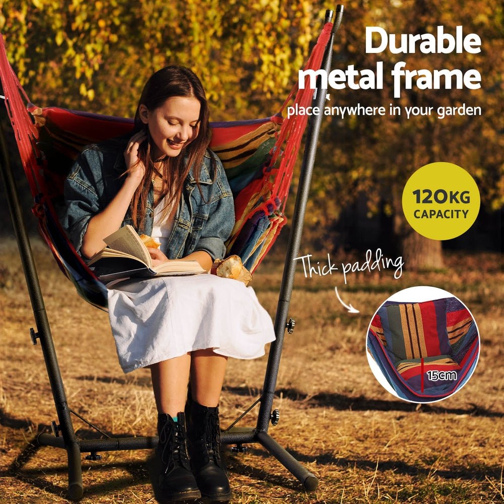 Rainbow Hammock Chair with Stand - Portable Hanging Swing for Outdoor Camping, Backyard Relaxation & Indoor Decor