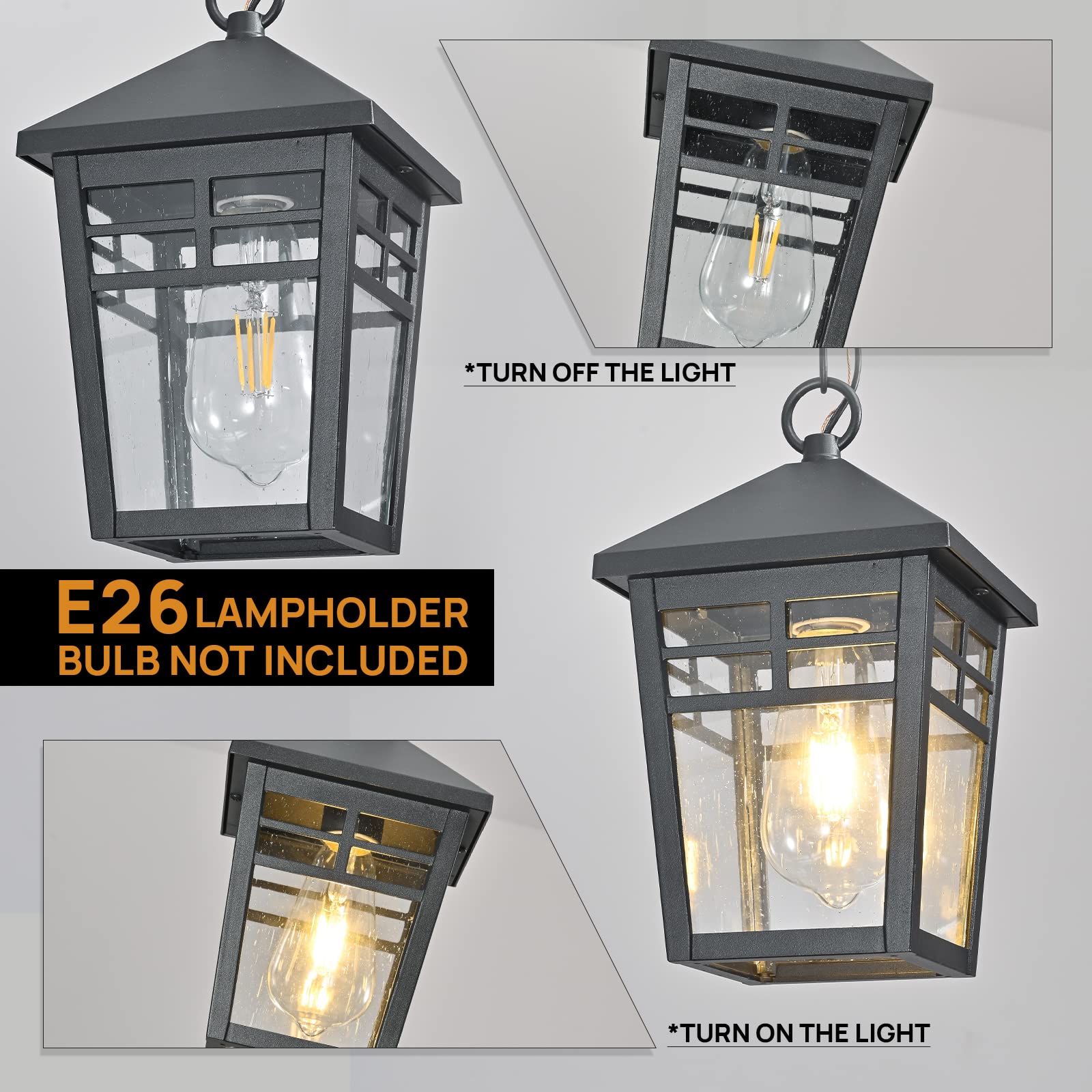 Outdoor Pendant Light Fixture - Waterproof Hanging Porch Lantern with Seeded Glass & Adjustable Chain - Black Exterior Lighting for Entryway, Doorway, Patio, and Garden Decor